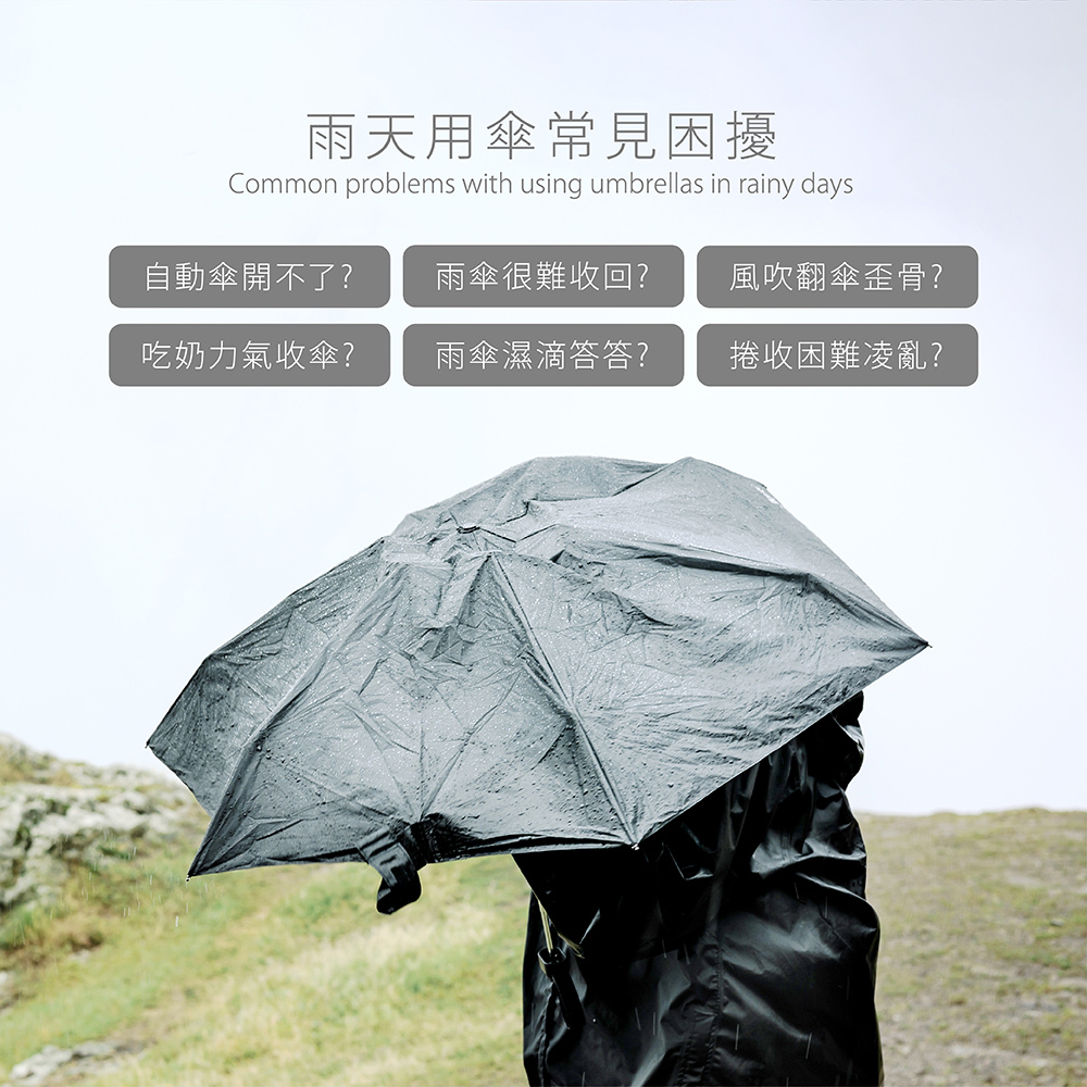 雨天常見的用傘困擾,自動傘開關問題、收傘困難、風大翻傘與濕漉漉的雨傘,選對高品質自動傘讓你免除這些煩惱。
