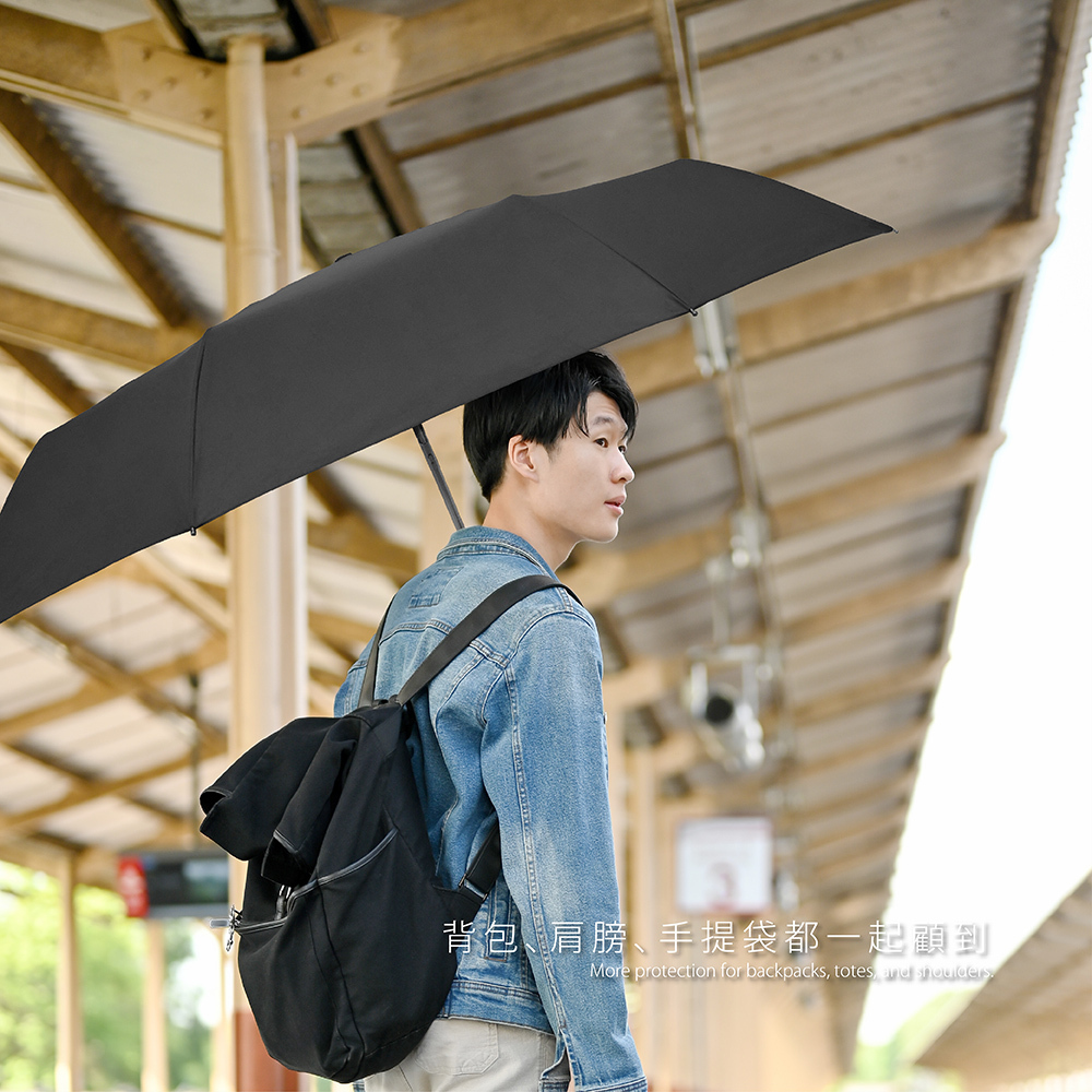 雨之情大大傘面簡約時尚自動傘,超大傘面自動傘實測,背後背包、肩膀與手提袋在雨天也能得到完整遮蔽,避免淋濕。