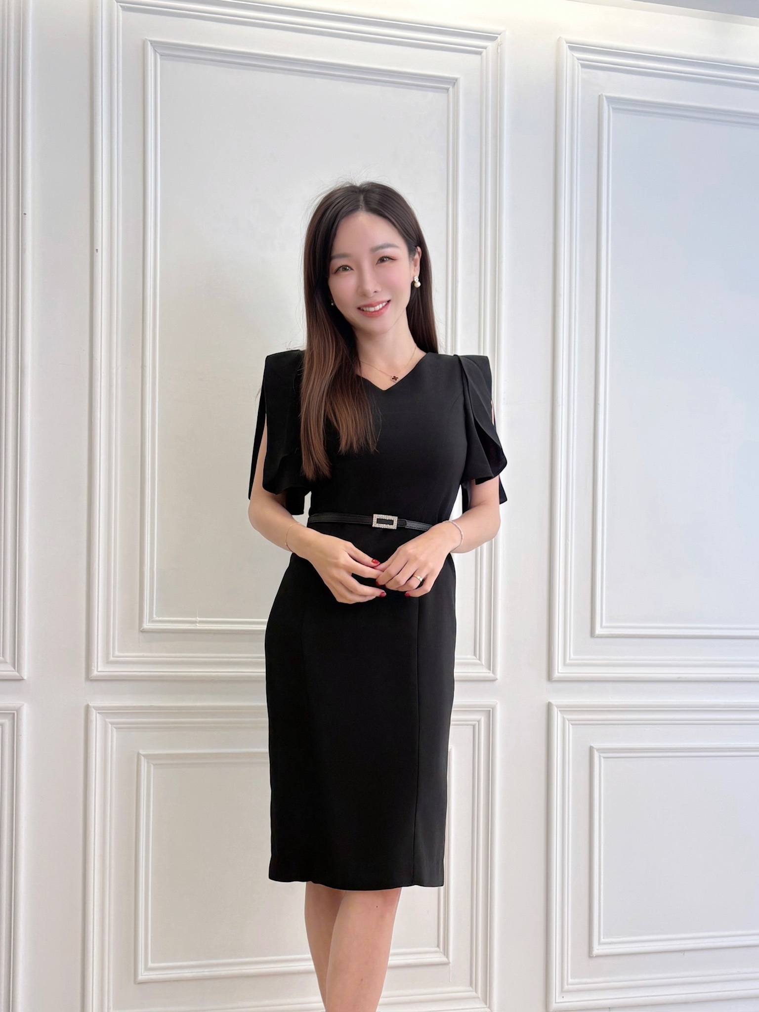 (女神款)開衩袖背心合身洋裝
