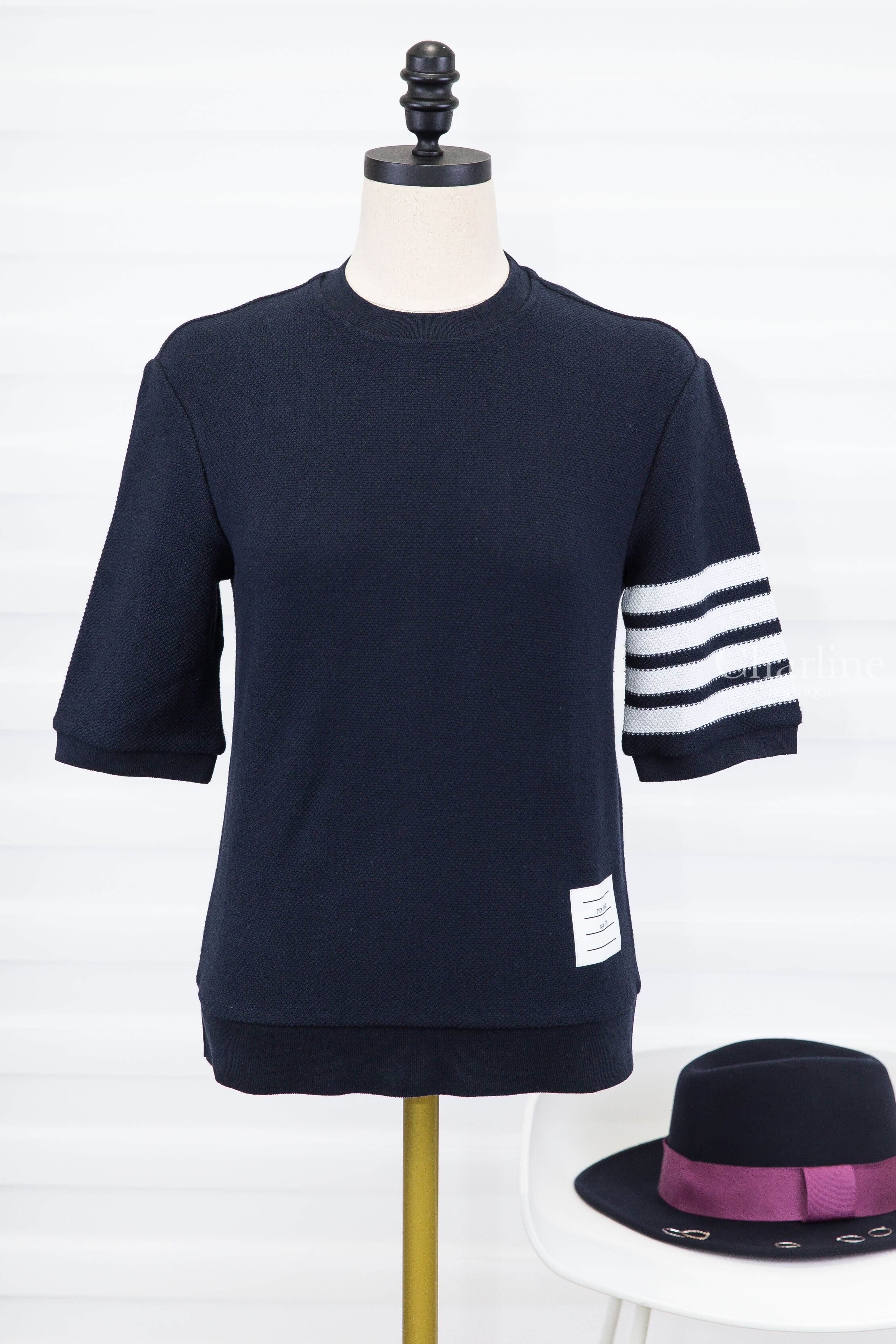 Thom Browne Textured Cotton Pique 4-Bar Tee 深藍色側邊白色四條橫紋棉質短袖上衣