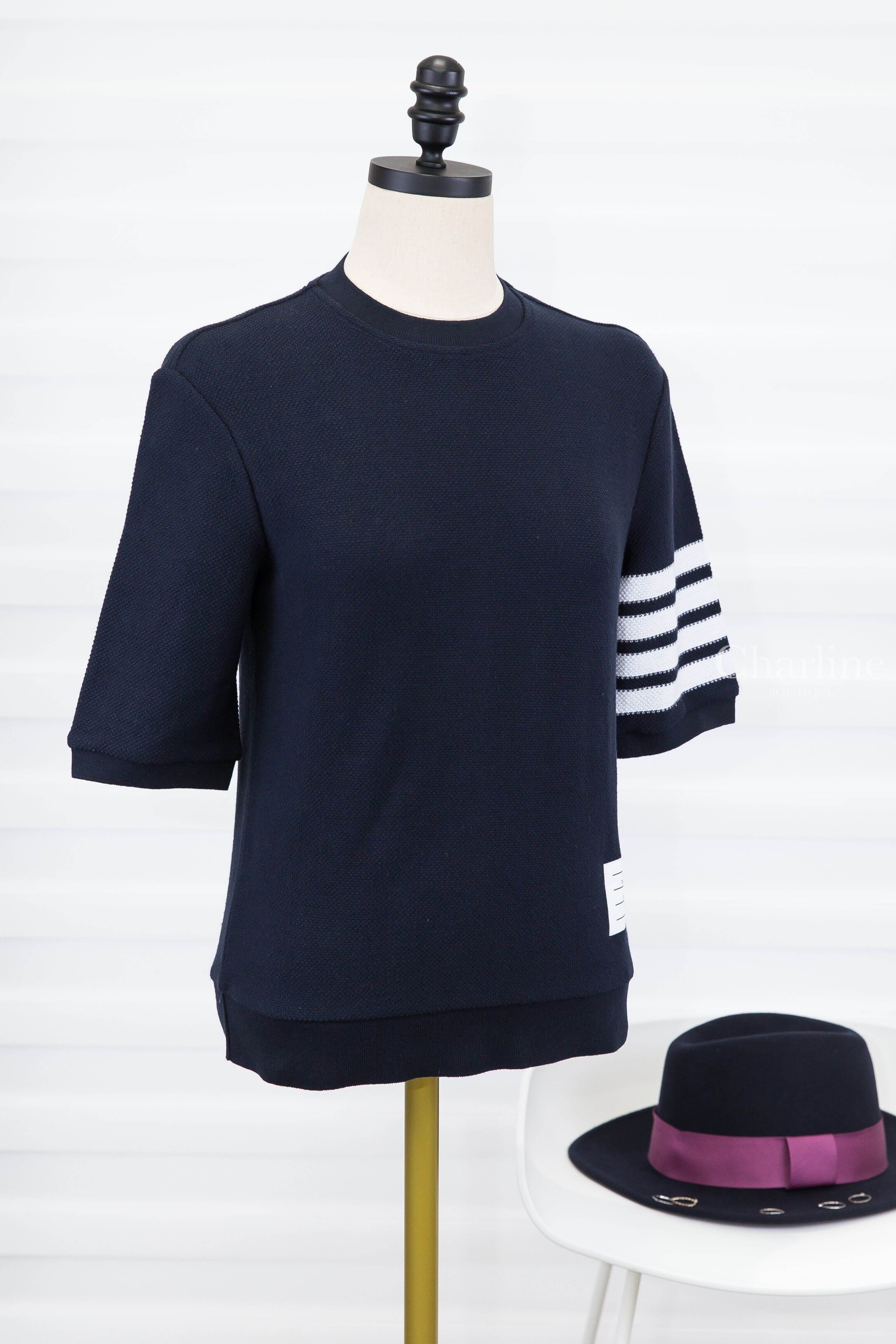 Thom Browne Textured Cotton Pique 4-Bar Tee 深藍色側邊白色四條橫紋棉質短袖上衣-Charline Boutique 精品代購