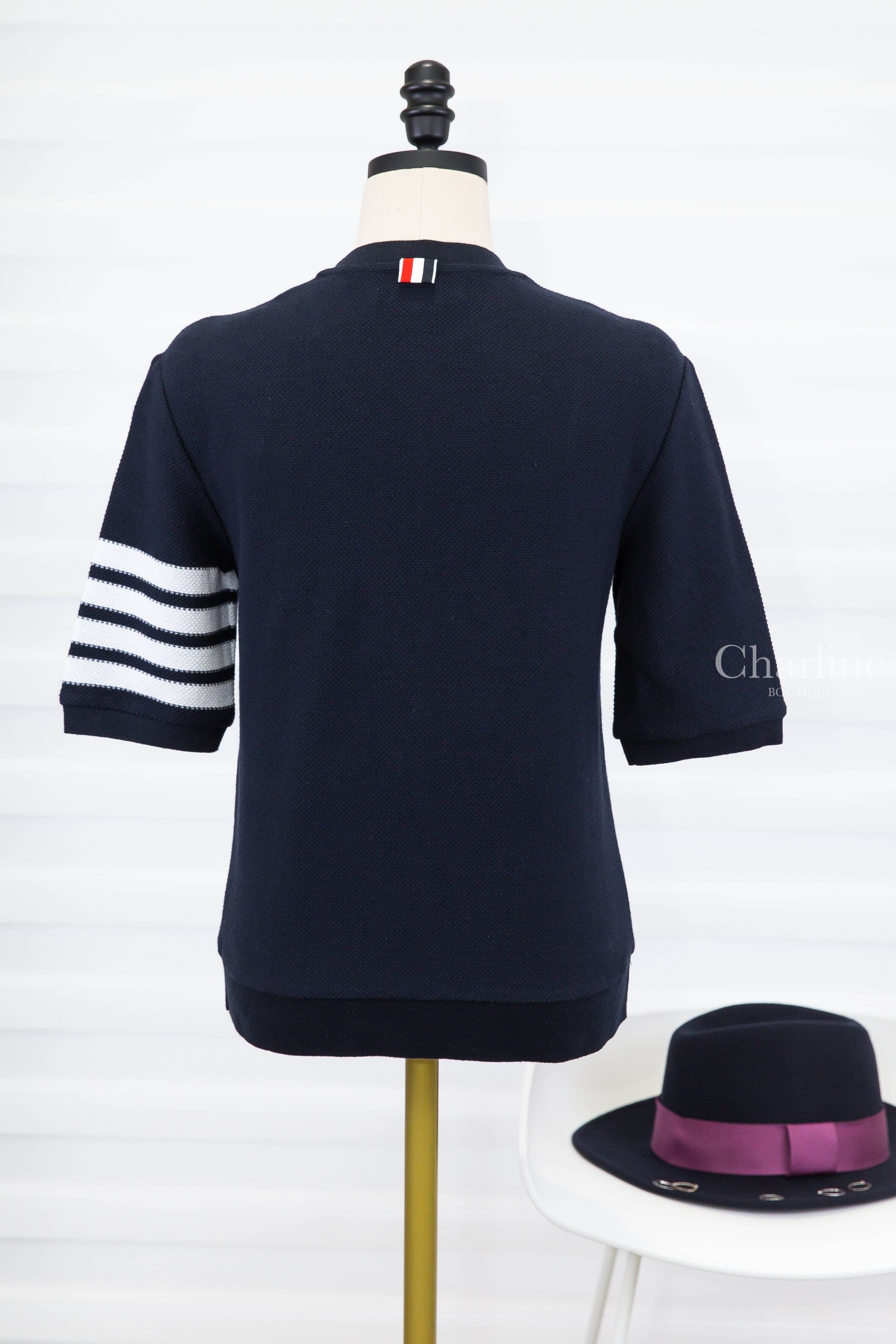 Thom Browne Textured Cotton Pique 4-Bar Tee 深藍色側邊白色四條橫紋棉質短袖上衣-Charline Boutique 精品代購