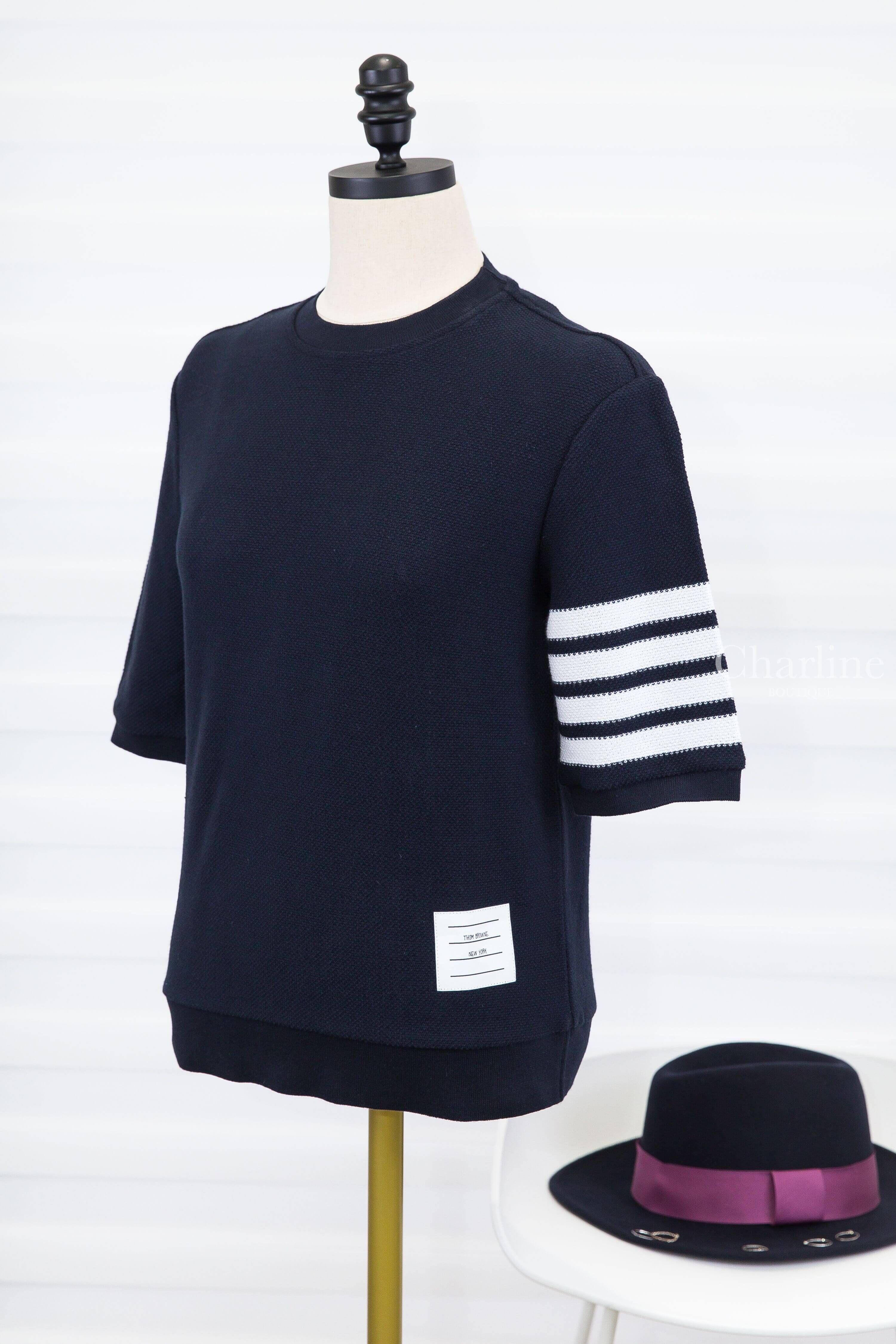 Thom Browne Textured Cotton Pique 4-Bar Tee 深藍色側邊白色四條橫紋棉質短袖上衣-Charline Boutique 精品代購