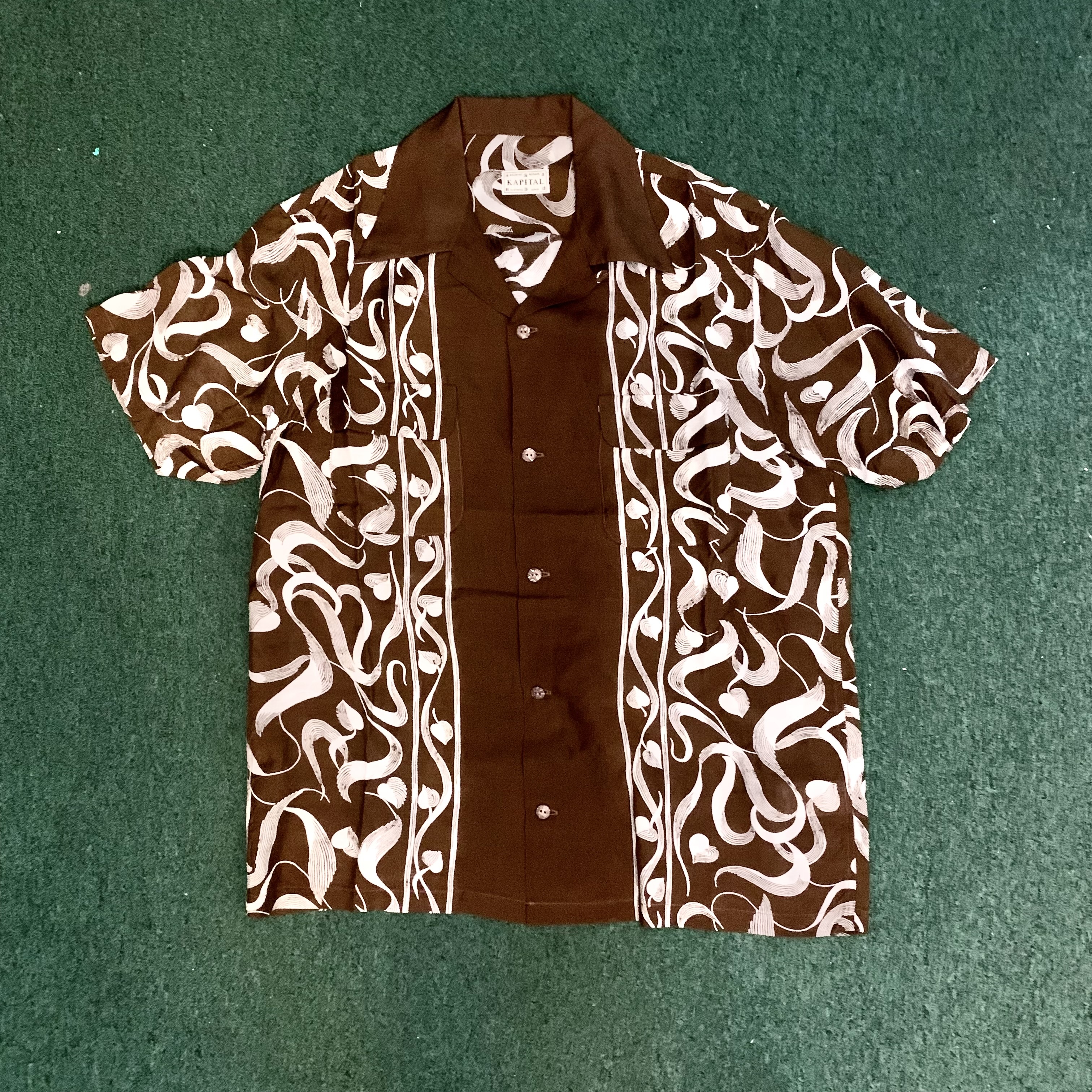 KAPITAL 2026 Silk rayon okra pattern short-sleeved open-collar shirt - BROWN