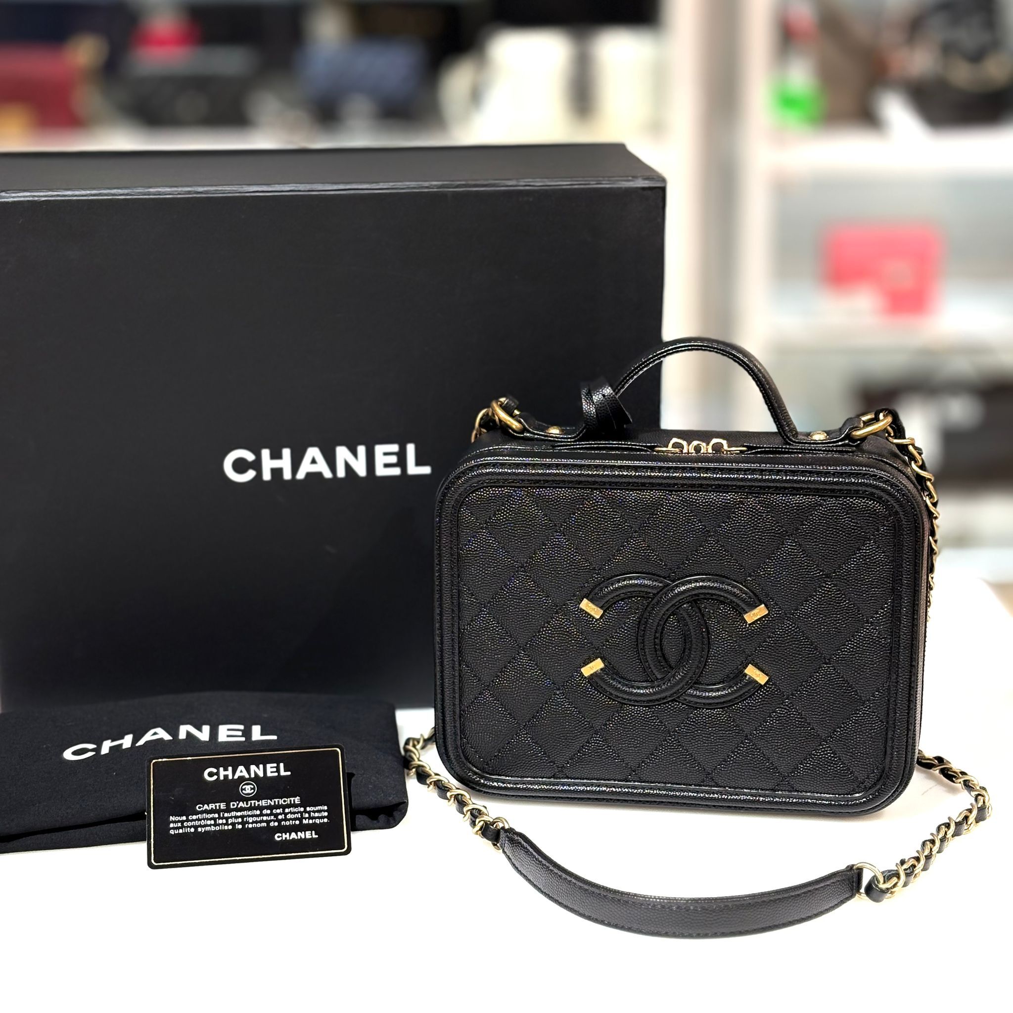 未使用品!!!全新CHANEL化妝袋 A93343 黑色荔枝皮  Vanity Case 21cm #BRAND NEW #香榭站正品