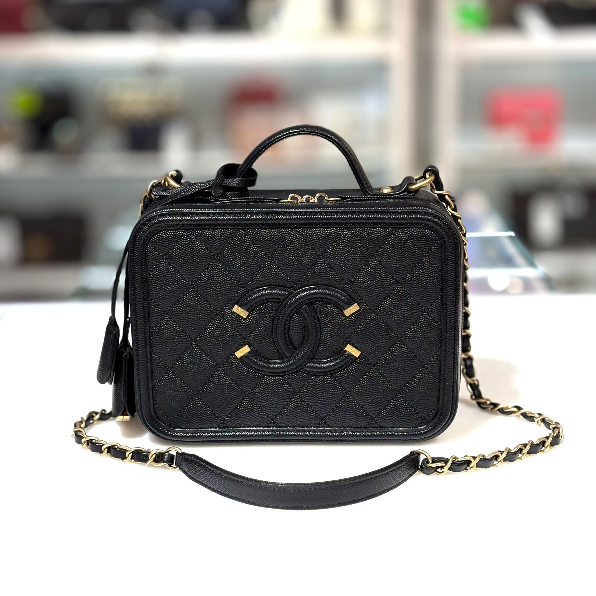 未使用品!!!全新CHANEL化妝袋 A93343 黑色荔枝皮  Vanity Case 21cm #BRAND NEW #香榭站正品
