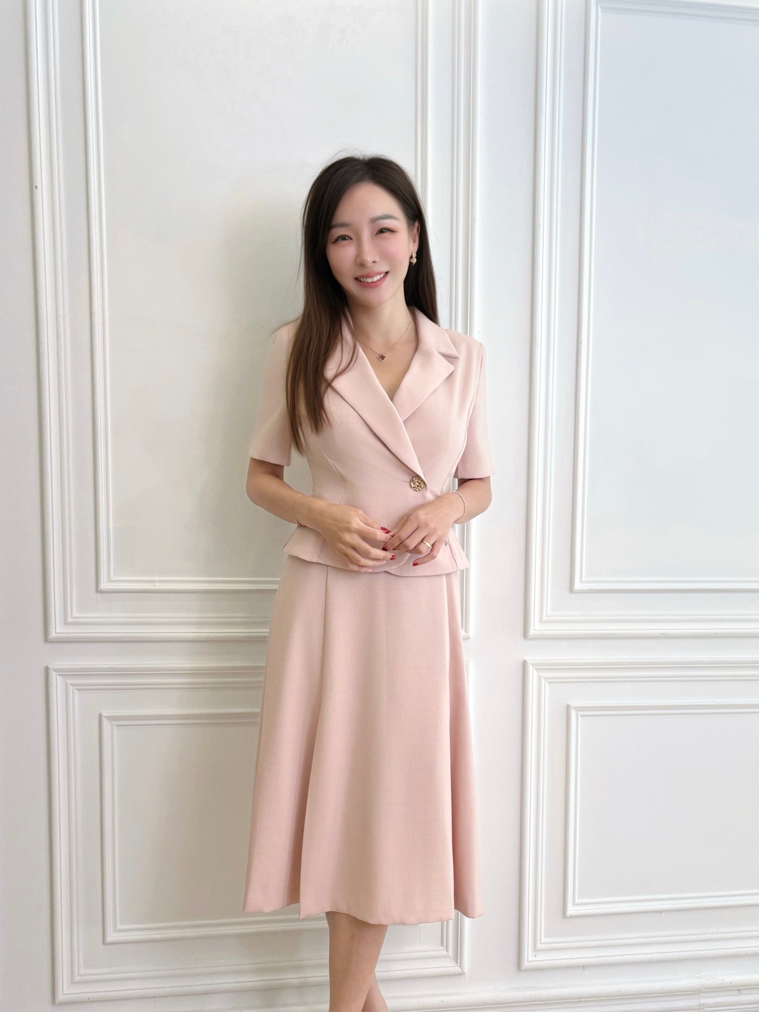翻領側金釦腰裁片短袖傘洋