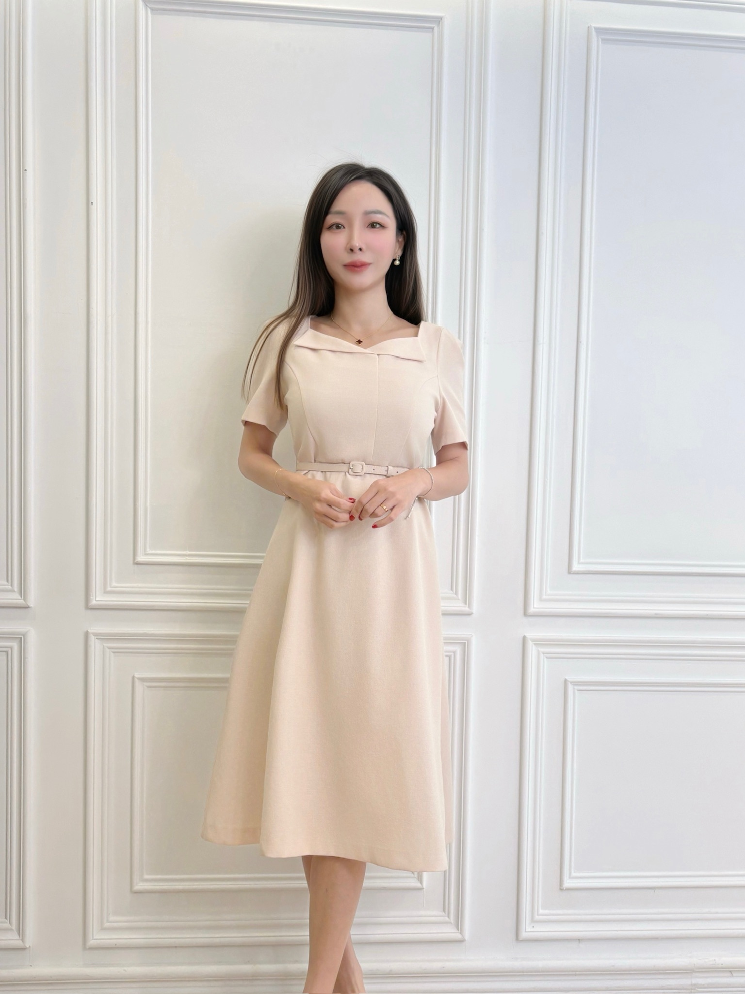 優雅短袖翻領腰帶傘洋