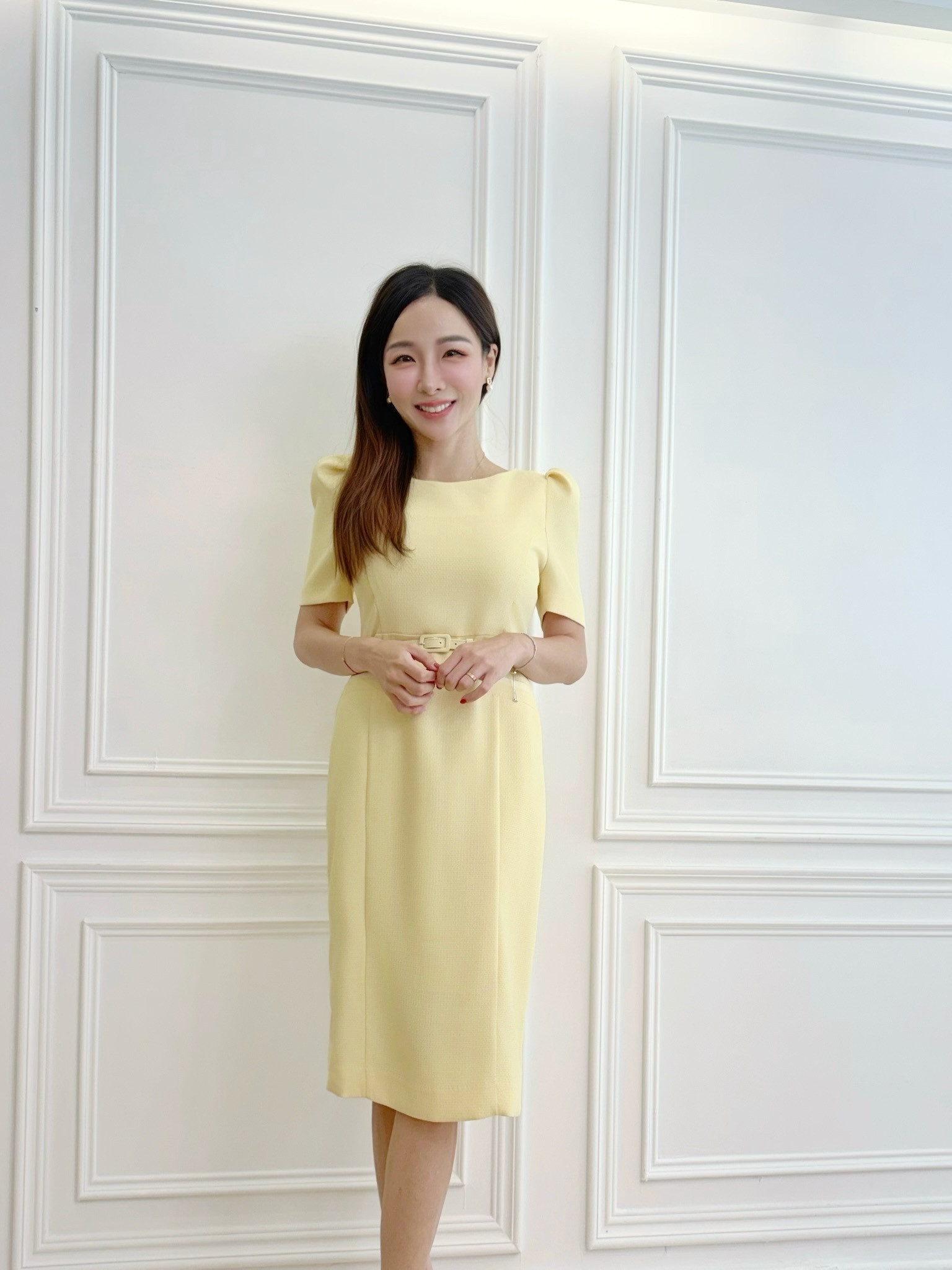 短袖織紋腰帶口袋合身洋
