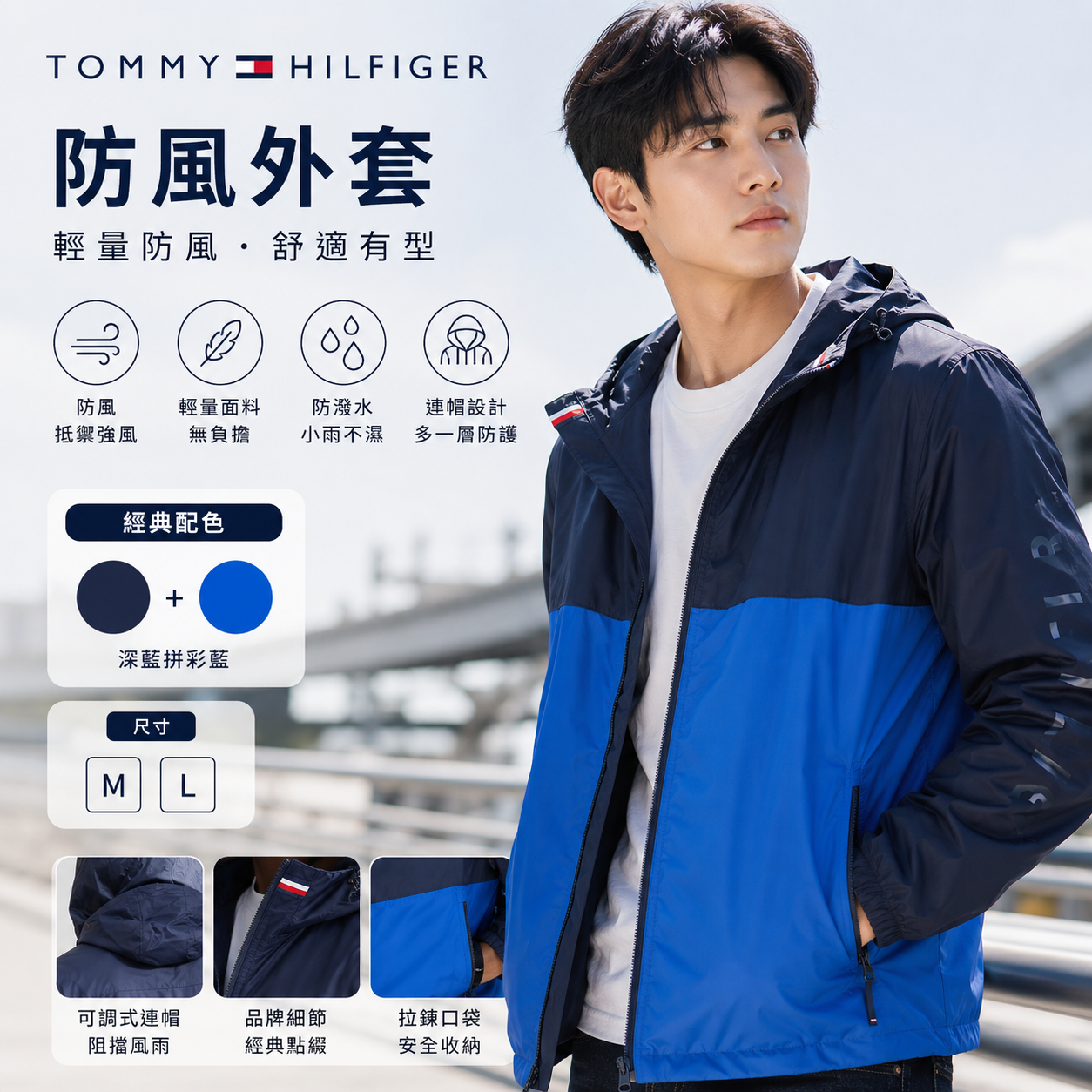 【預購】TOMMY HILFIGER H061750  Pelham 男裝拼色連帽防風外套 (海軍藍)