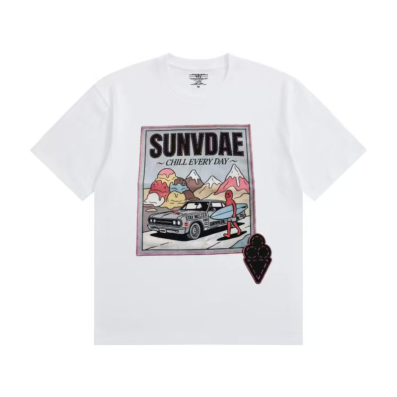 SD260617-A55-SUNVDAE新品夏日度假純棉寬鬆 潮流印花圓領短袖T恤-白色
