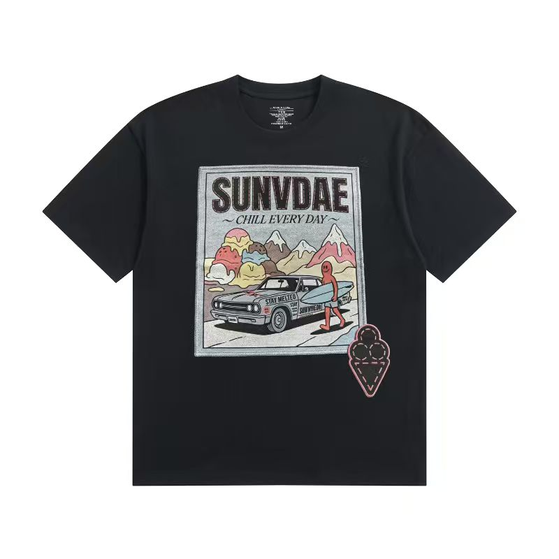 SD260617-A54-SUNVDAE新品夏日度假純棉寬鬆 潮流印花圓領短袖T恤-黑色"