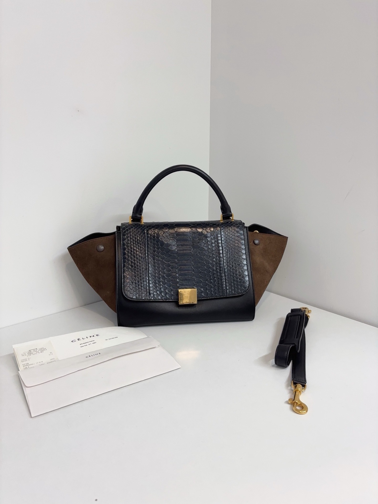 【98新】Celine trapeze 蛇皮拼棕色鞦韆包