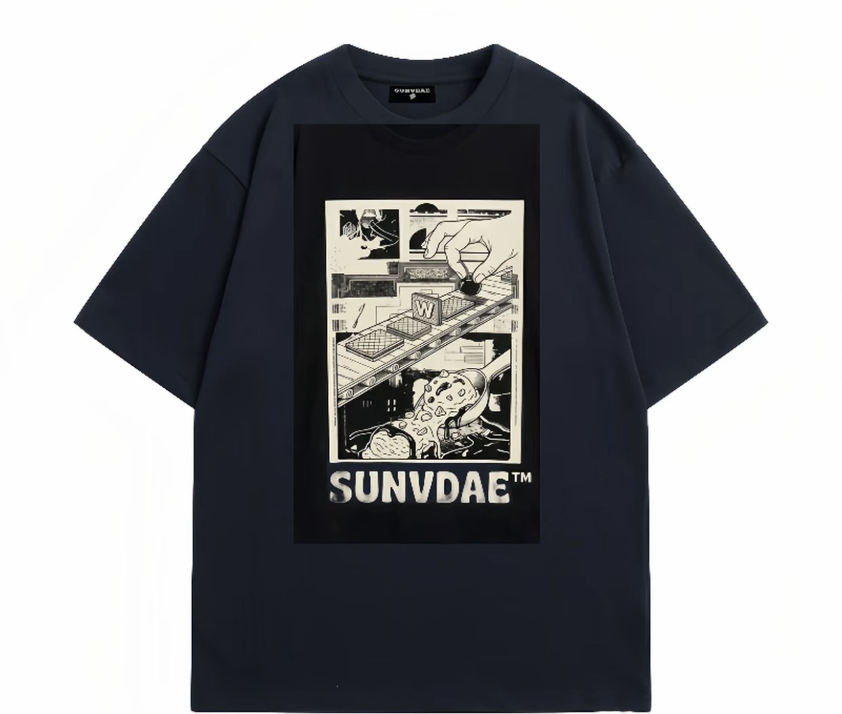 SD260617-A3-SUNVDAE新品夏季雪糕工廠純棉寬鬆 潮流印花圓領短袖T恤-黑色"