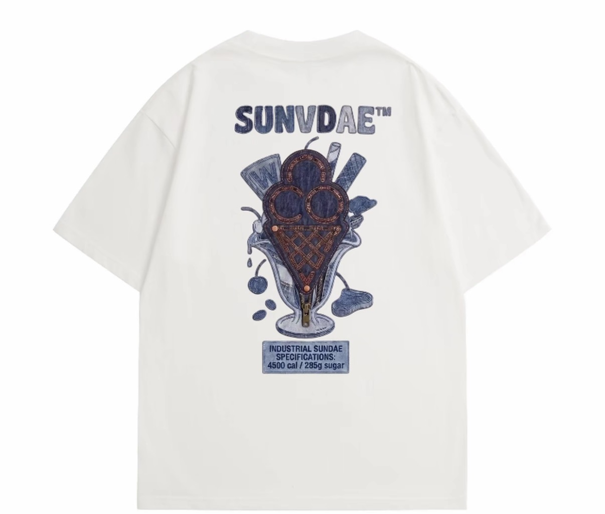 SD260617-A2-SUNVDAE新品重工百搭純棉大雪糕寬鬆 潮流印花圓領短袖T恤-白色"