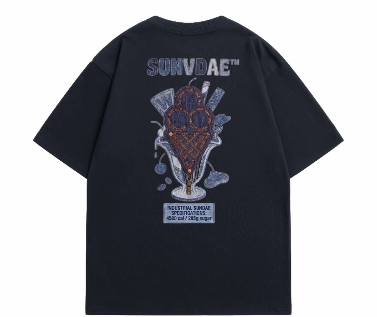SD260617-A1-SUNVDAE新品重工百搭純棉大雪糕寬鬆 潮流印花圓領短袖T恤-黑色"