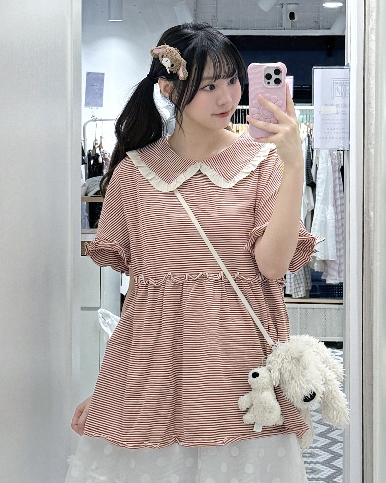 EA1316｜KAWAI娃娃領寬鬆間紋ruffle邊上衣 ໒꒱ིྀ༝⁺