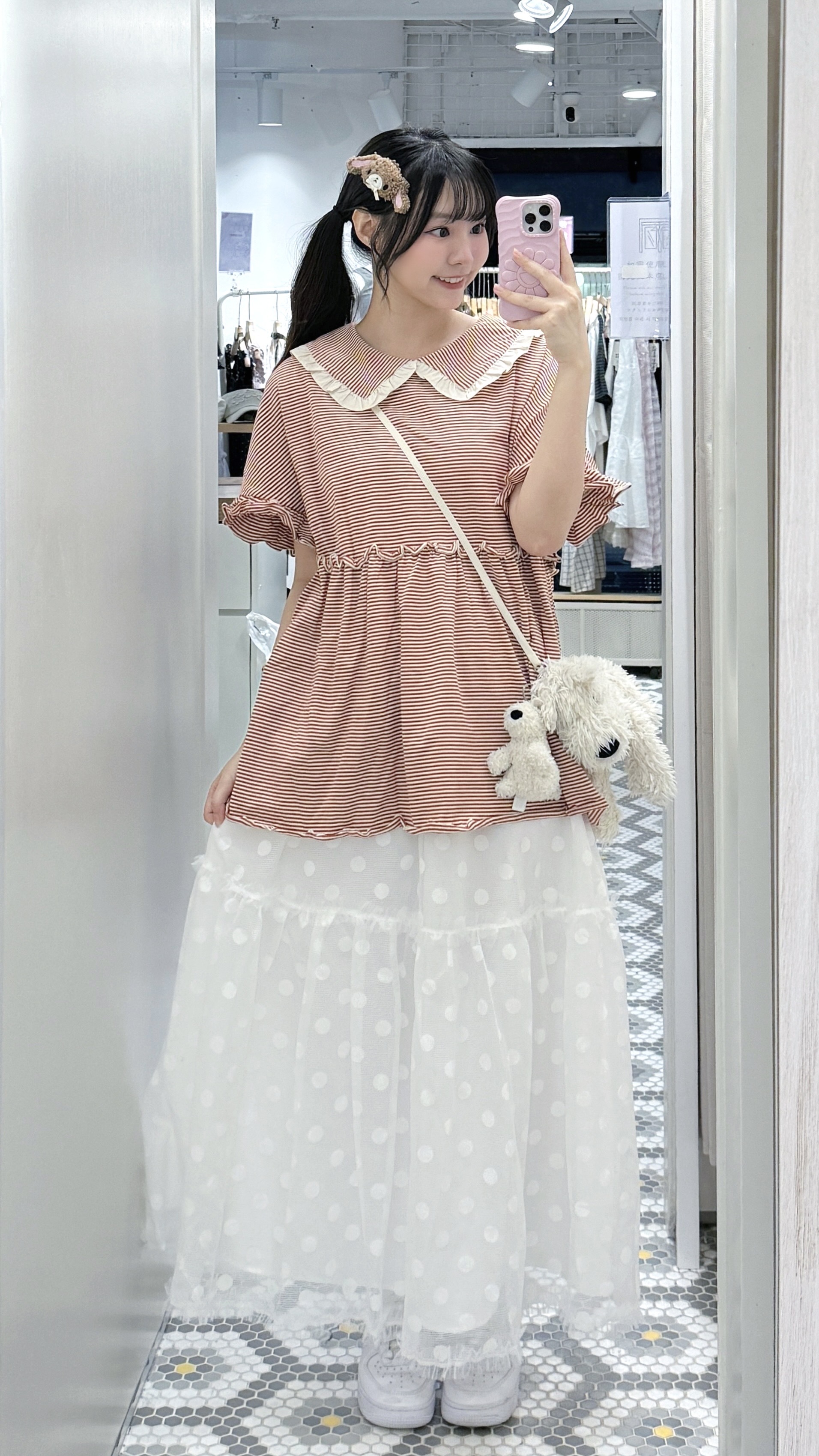 EA1316｜KAWAI娃娃領寬鬆間紋ruffle邊上衣 ໒꒱ིྀ༝⁺
