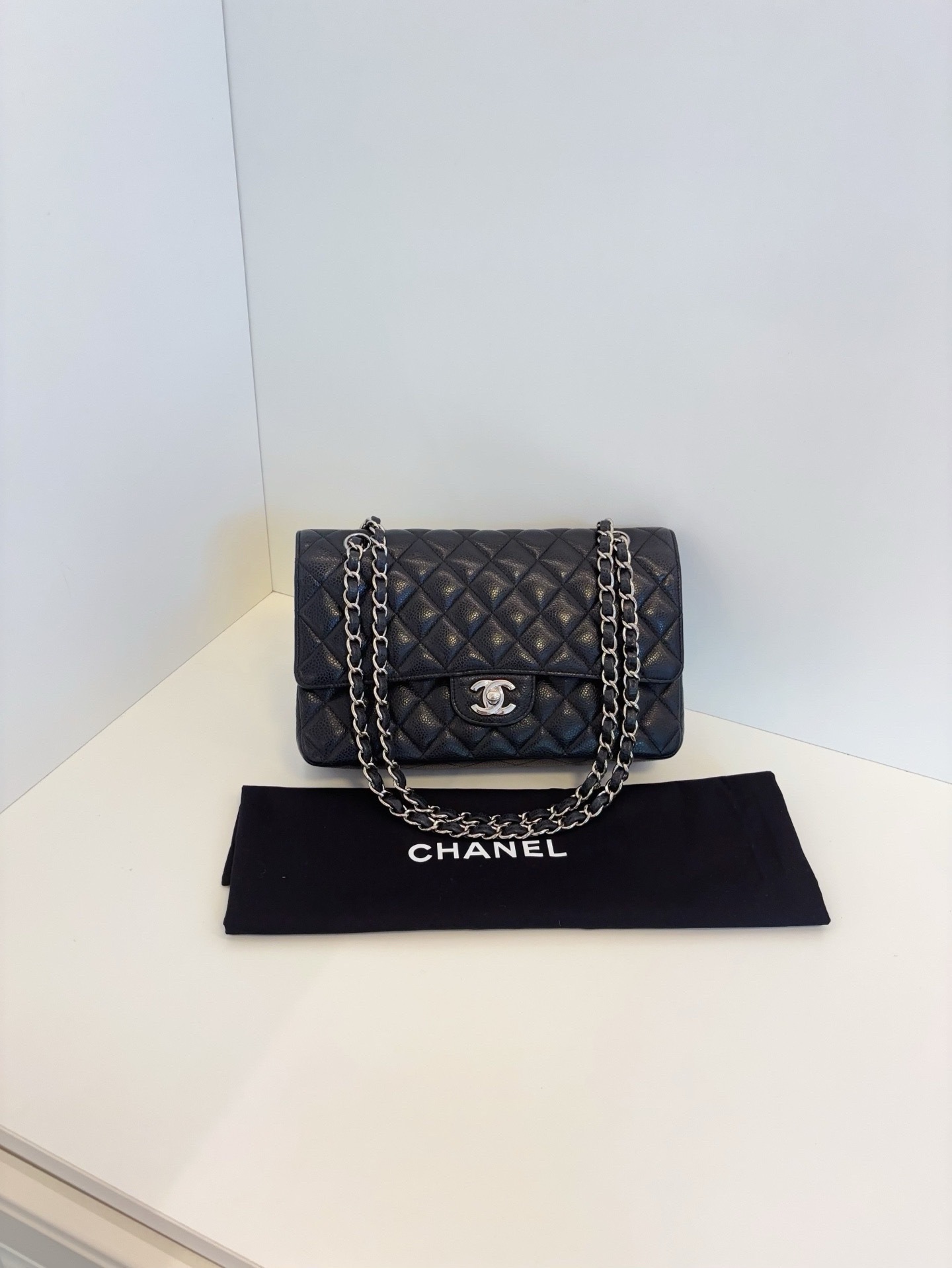 【98新】Chanel 黑銀 荔枝紋牛皮 CF 中號