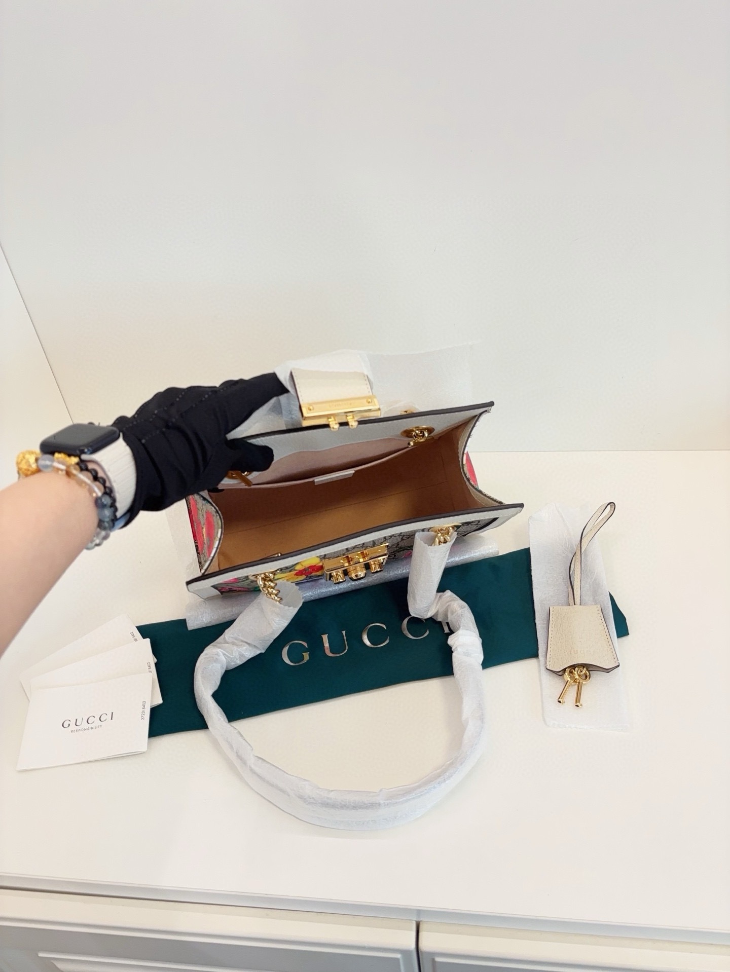 【全新】Gucci Padlock 限量花卉款鏈條包 小號