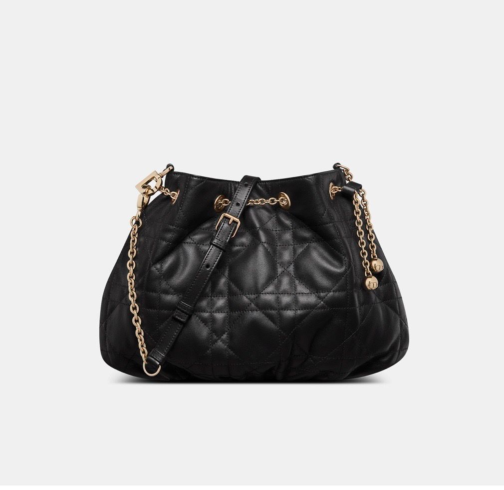 全新DIOR Ammi Supple Bag M22566FBE M900 黑色羊皮金扣 藤格纹束口雲朵包 #BRAND NEW #香榭站正品