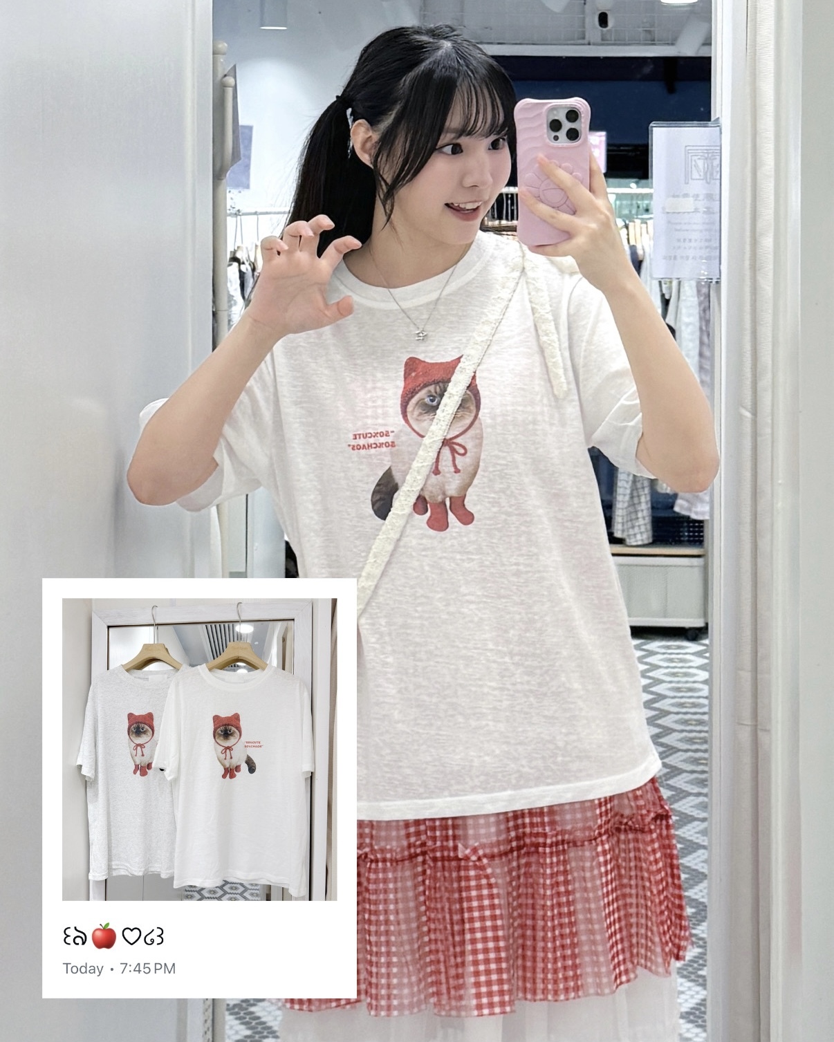 T1566｜超cute‧˚꒰🐾୭ ˚. ᵎᵎ🍒 紅帽襪子貓貓OVERSIZE TEE