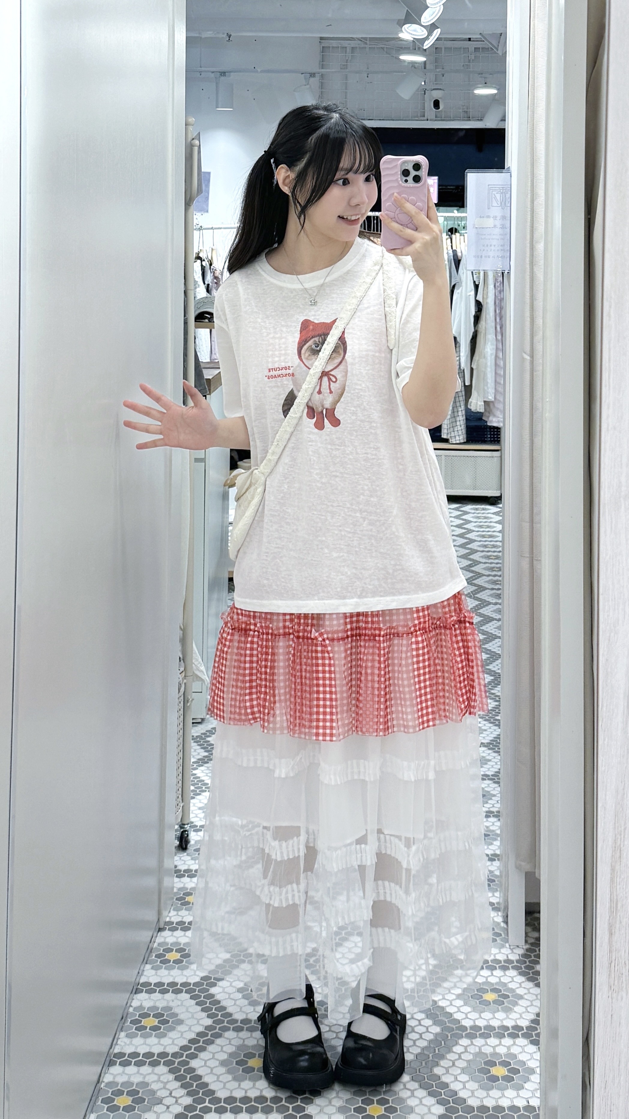 T1566｜超cute‧˚꒰🐾୭ ˚. ᵎᵎ🍒 紅帽襪子貓貓OVERSIZE TEE