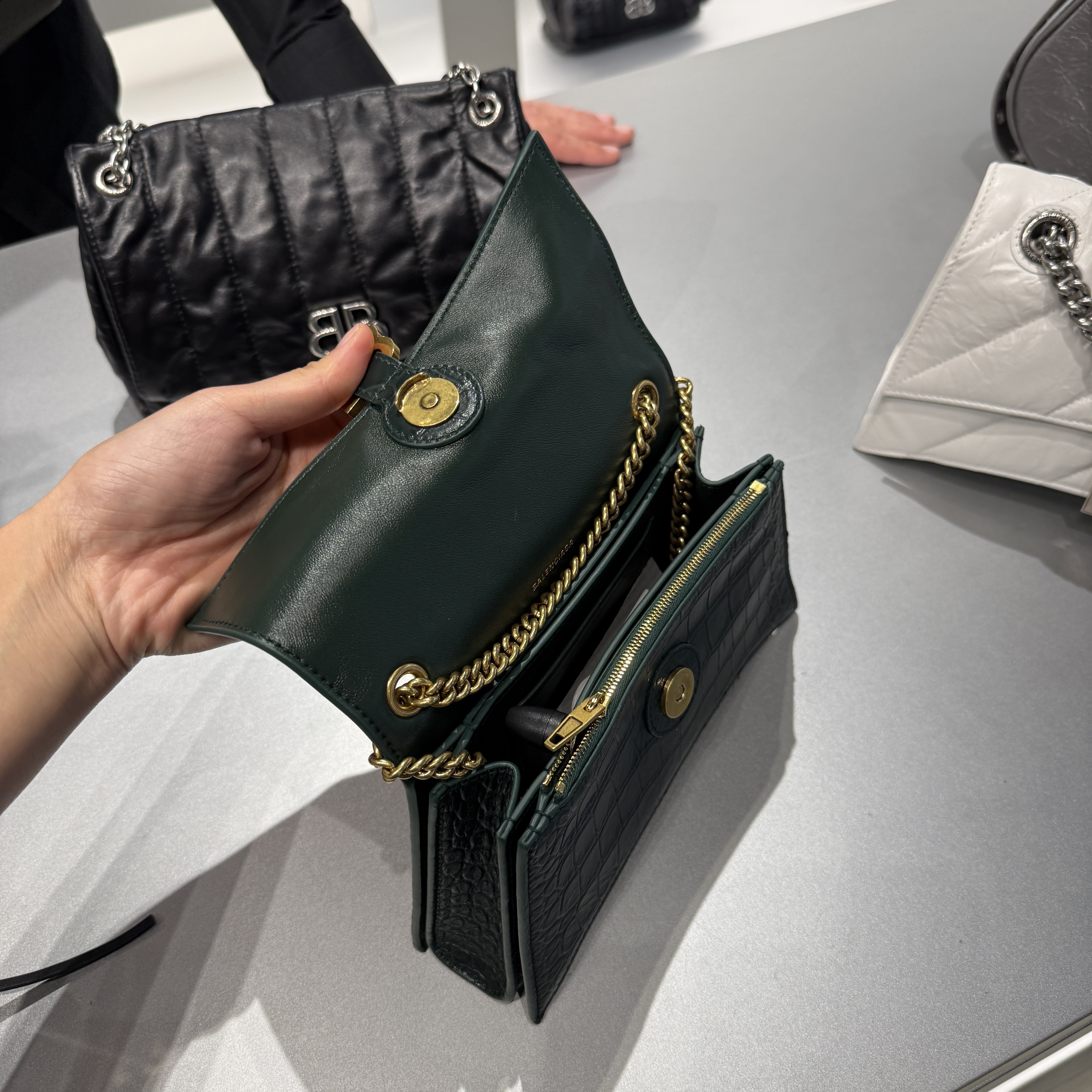 Balenciaga crush chain bag xs embo croc calf forest green 736016