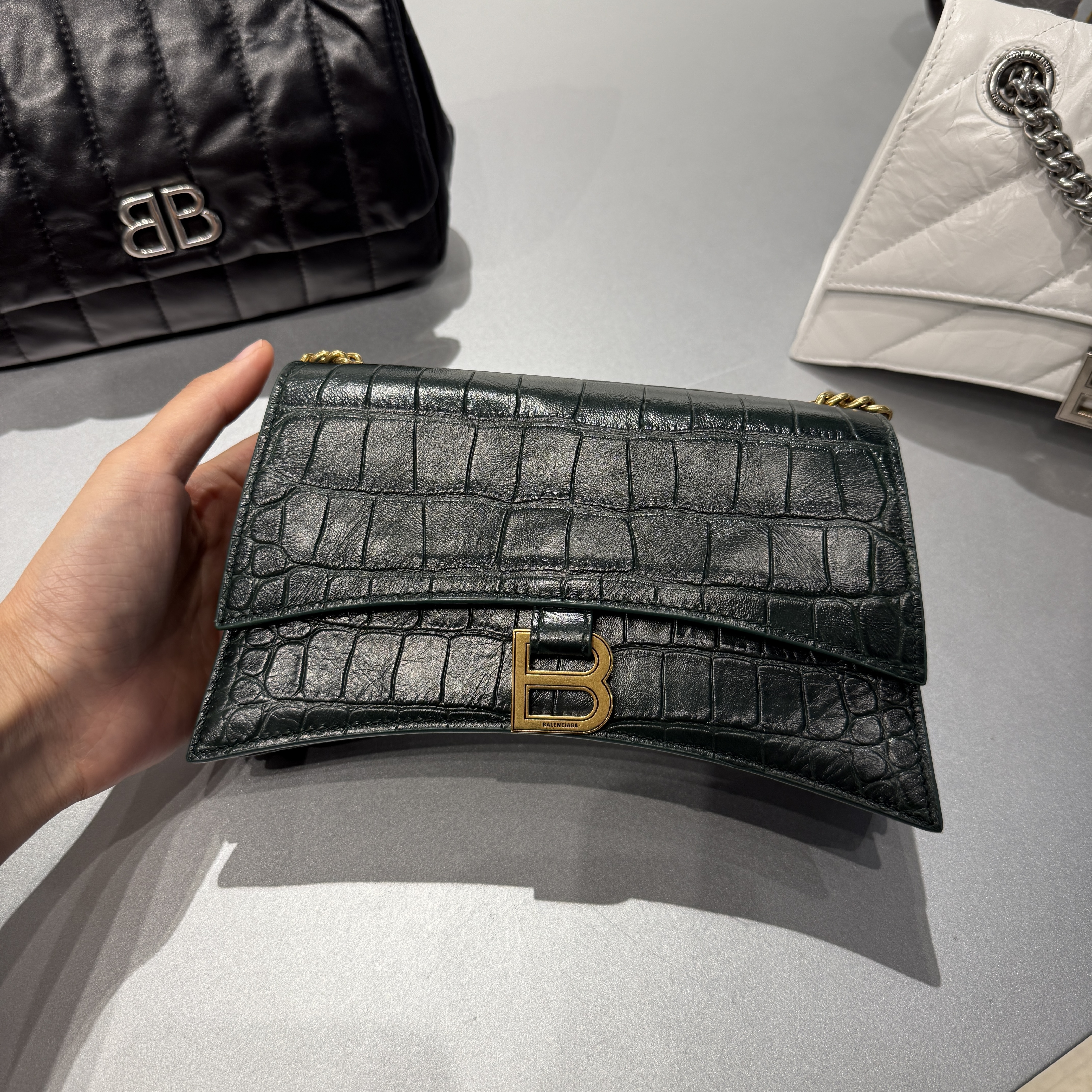 Balenciaga crush chain bag xs embo croc calf forest green 736016