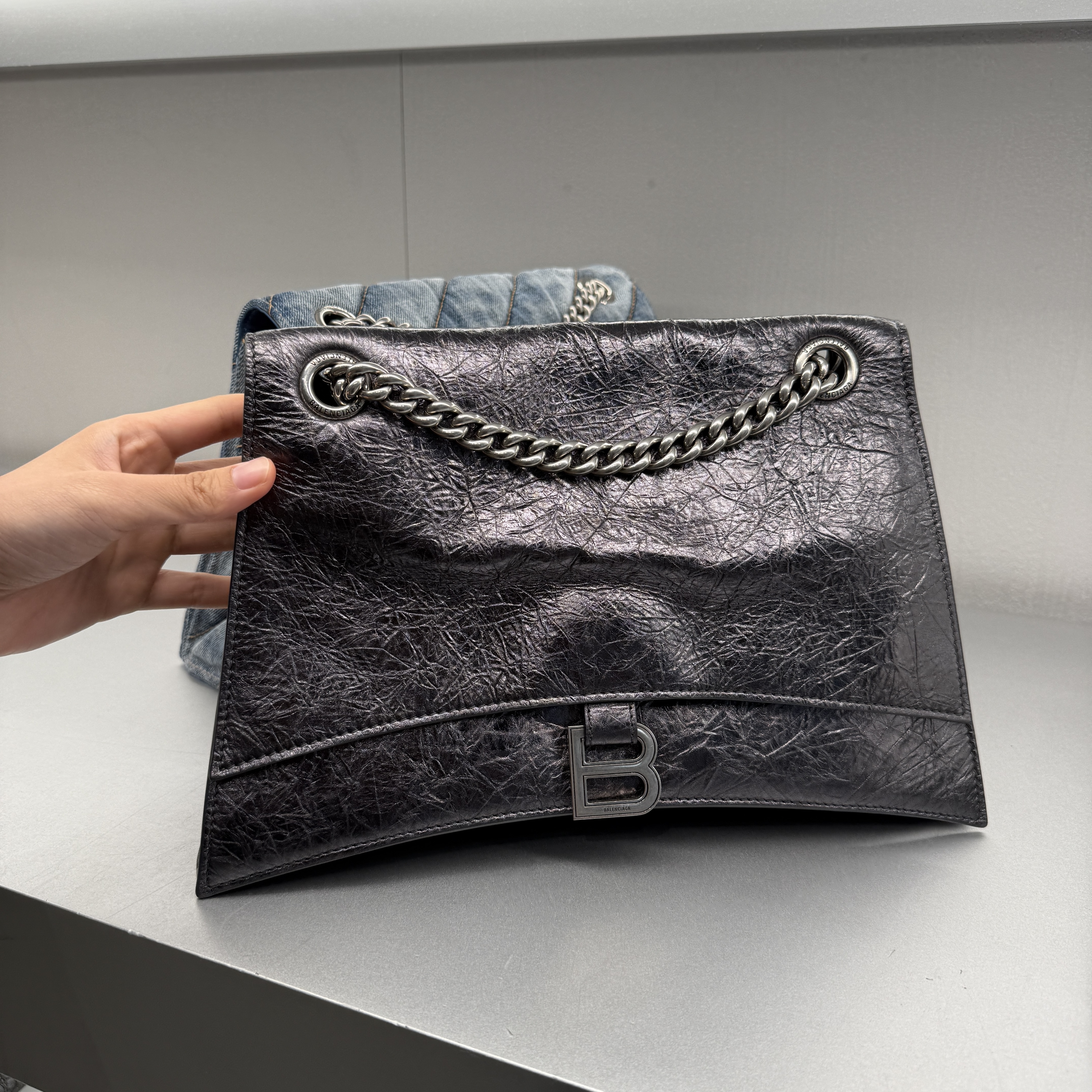 Balenciaga crush leather chain bag M steel grey 716393