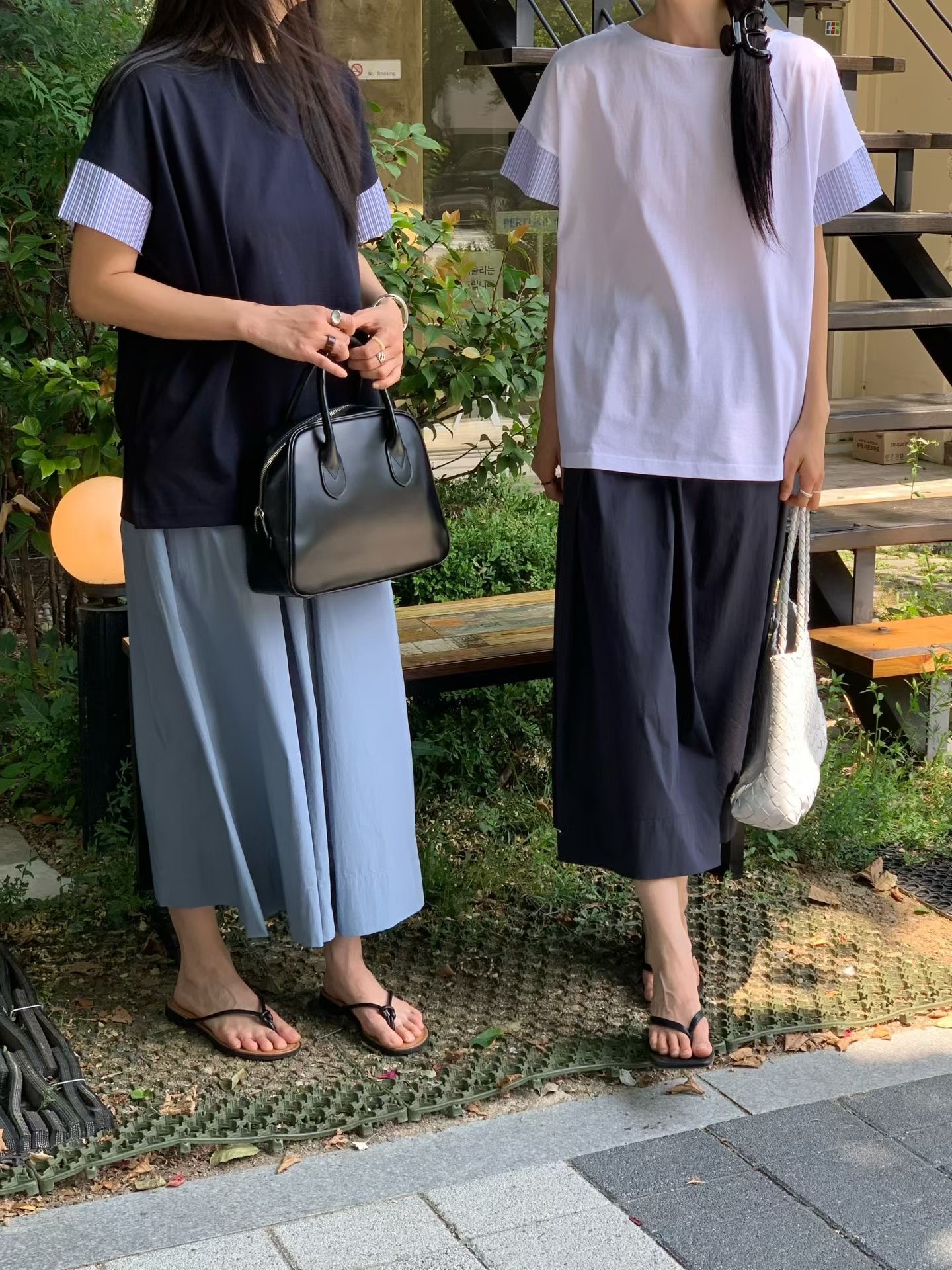 韓國凈色拼直紋袖Tee