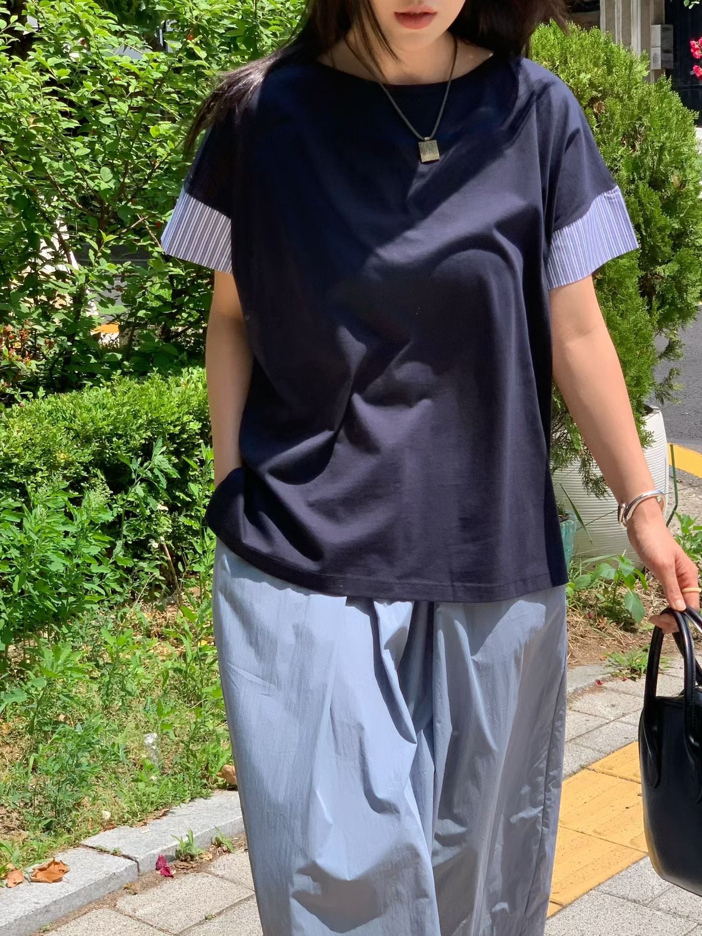 韓國凈色拼直紋袖Tee