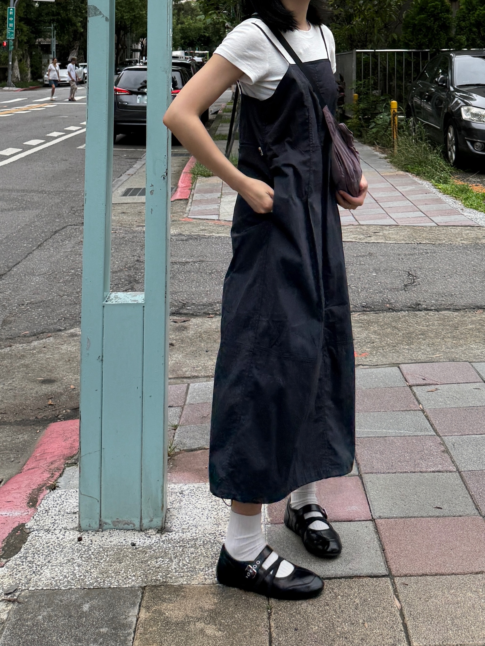 細肩帶工裝口袋連身裙 (藍)