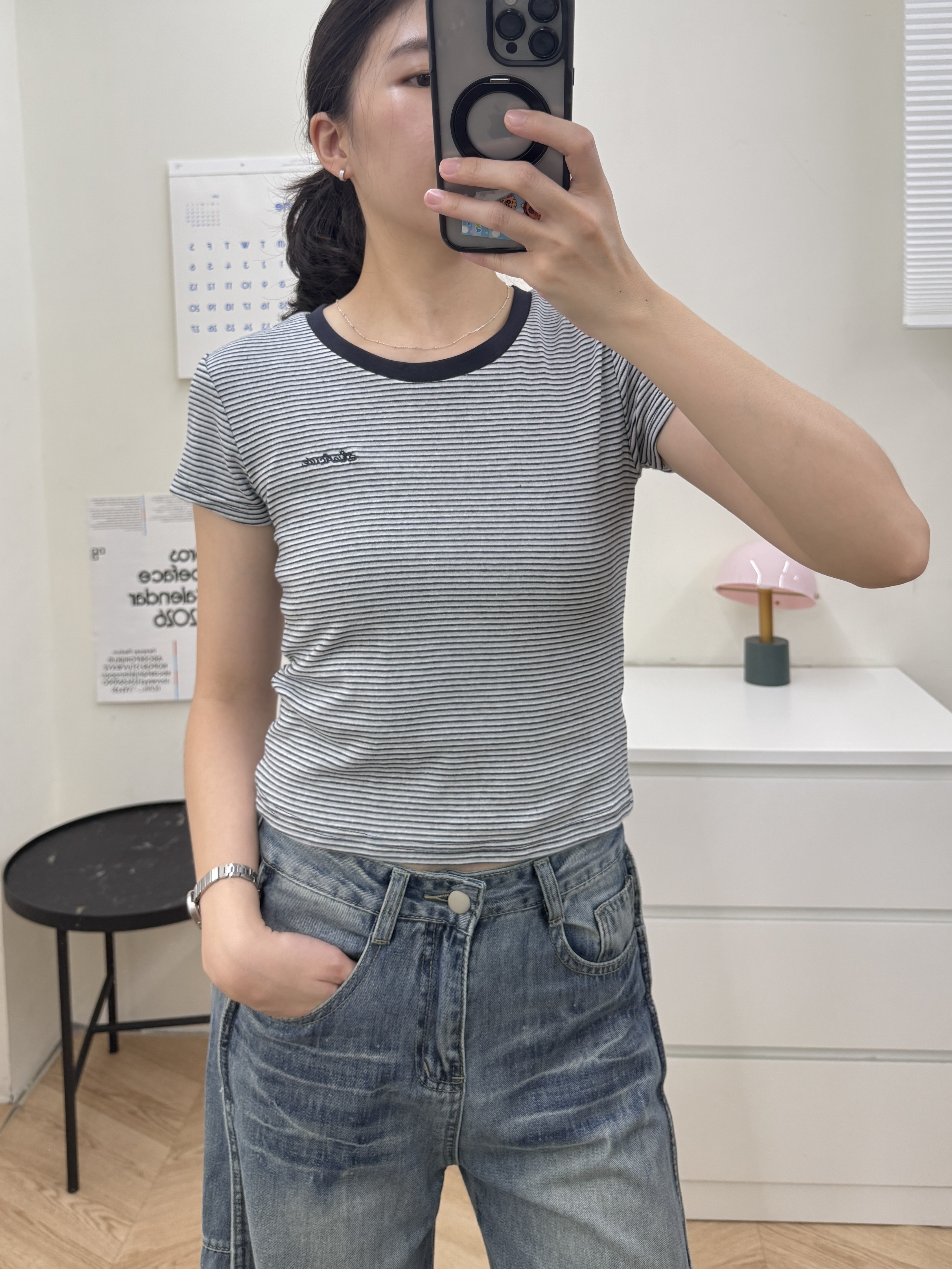 微短版刺繡條紋T