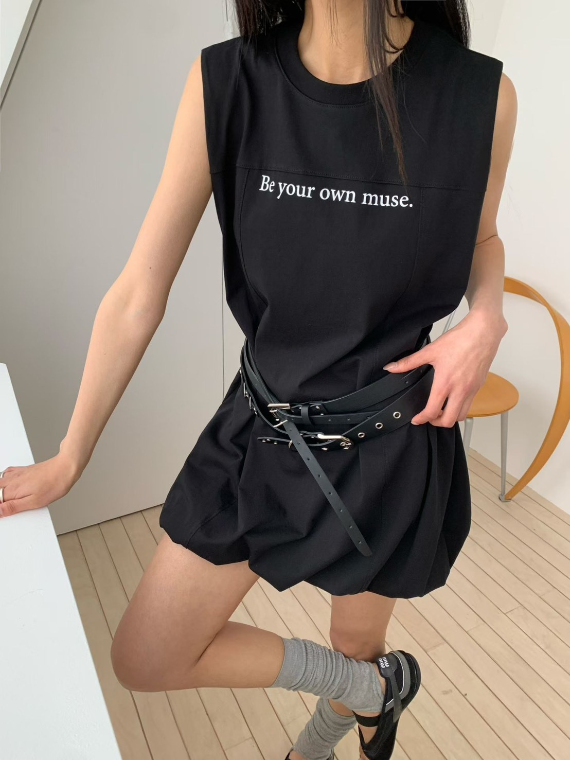 BE YOUR...無袖泡泡短洋裝 (不含腰帶)