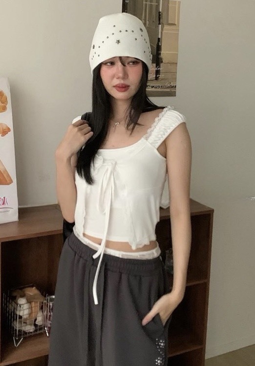 皺皺肩蕾絲假兩件罩杯背心