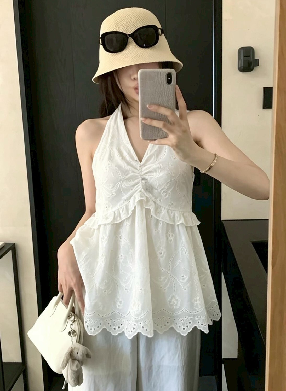 掛脖綁結燒花棉麻短洋