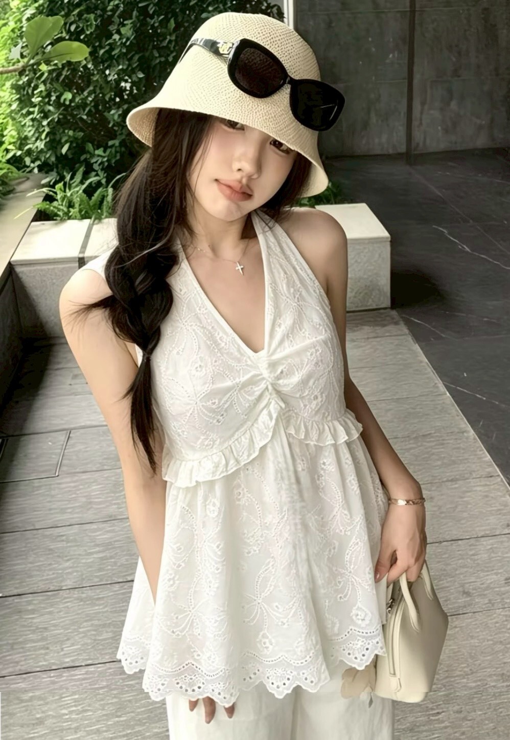 掛脖綁結燒花棉麻短洋