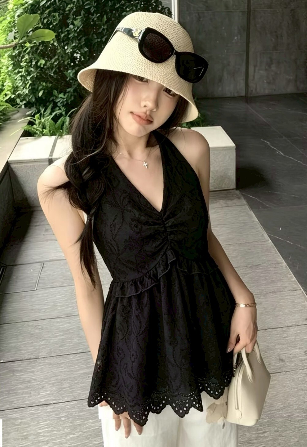 掛脖綁結燒花棉麻短洋