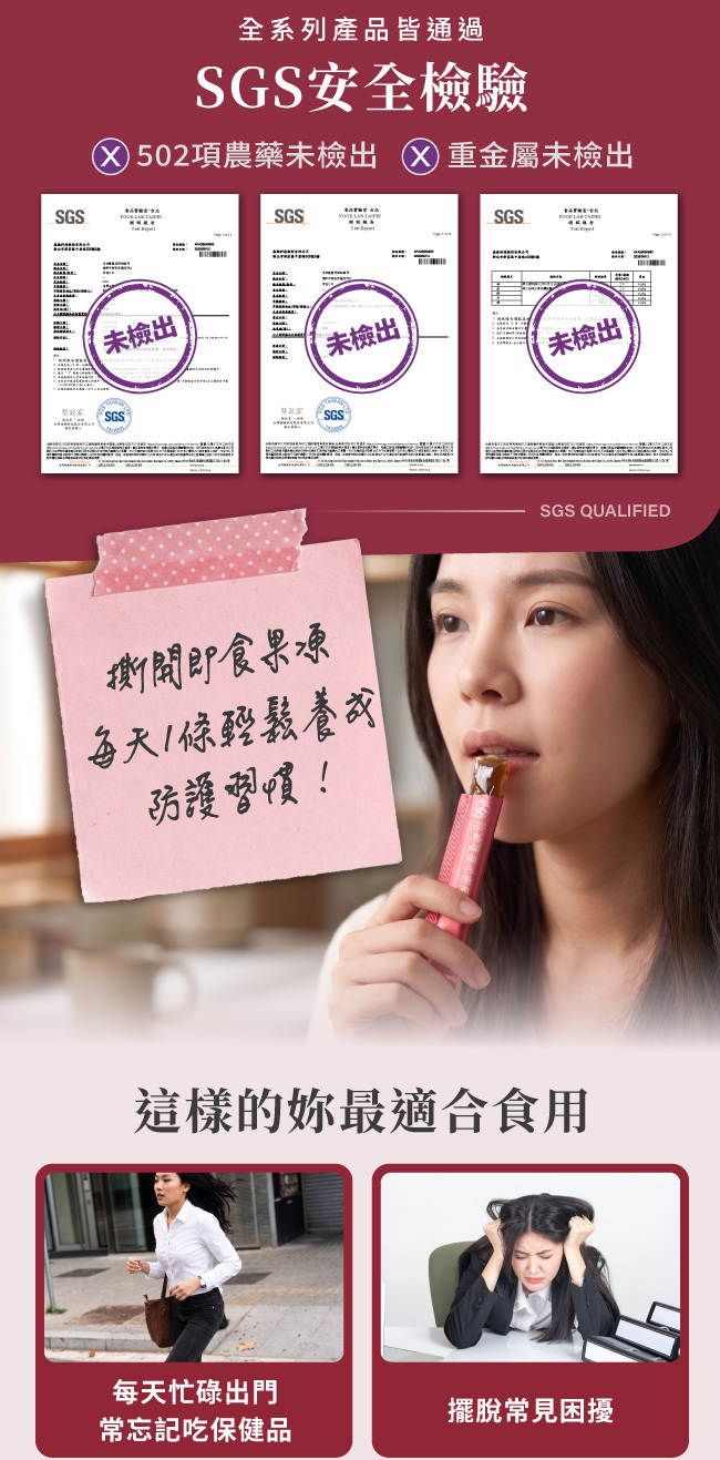 全系列產品皆通過,SGS安全檢驗,502項農藥未檢出,重金屬未檢出,SGS,QUALIFIED,撕開即食果凍,每天1條輕鬆養成防護習慣,防護習慣,這樣的妳最適合食用,每天忙碌出門,常忘記吃保健品,擺脫常見困擾