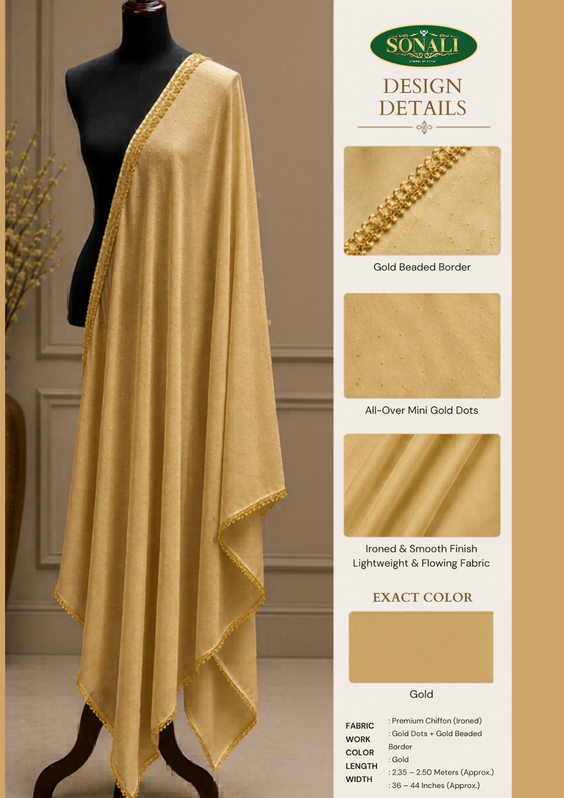 Women's Chiffon Dupatta with Gold Dots & Beaded Border - Color Refer Images
