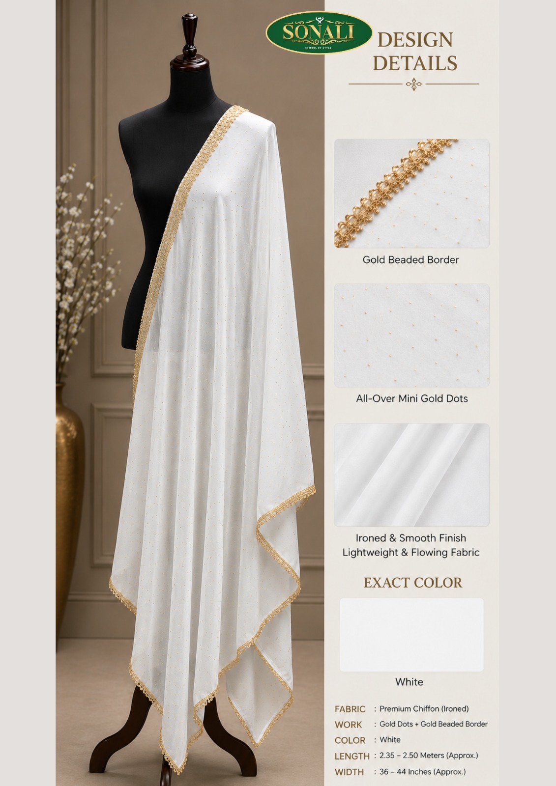 Women's Chiffon Dupatta with Gold Dots & Beaded Border - Color Refer Images