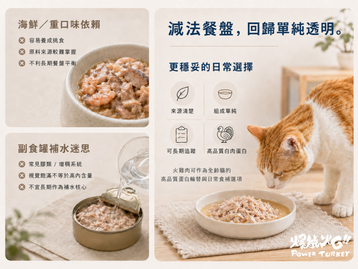 減法餐盤,回歸單純透明:比較海鮮重口味依賴與副食罐補水迷思,並呈現來源清楚、組成單純的火雞肉白肉蛋白餐盤作為全齡貓更穩妥的日常選擇_爆能火G_趕食髦部落格