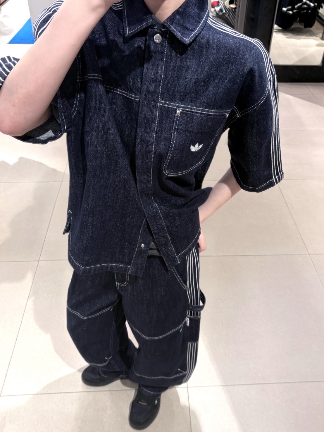 ADIDAS DENIM WORK SHIRT 丹寧 短袖襯衫 長褲套裝