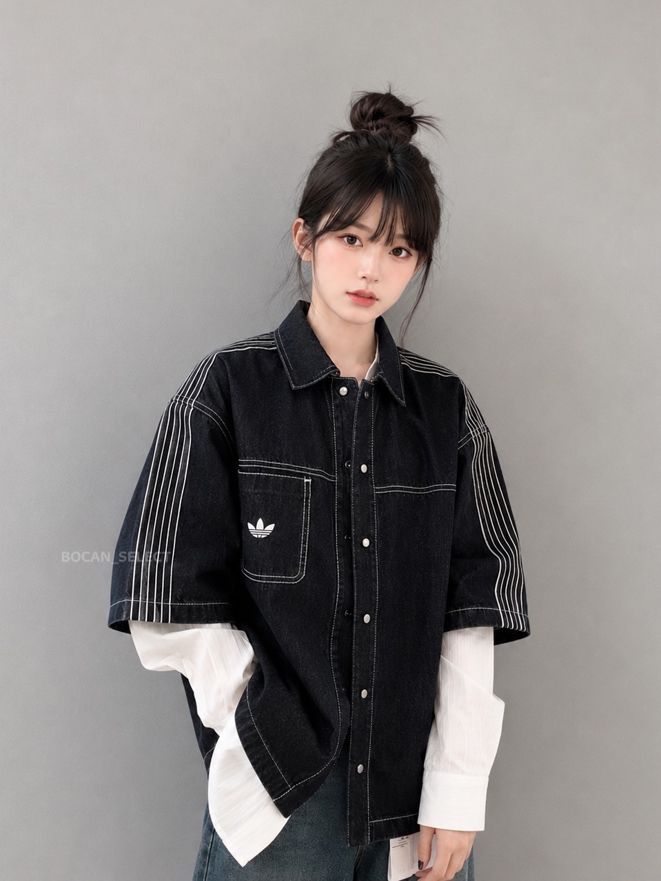 ADIDAS DENIM WORK SHIRT 丹寧 短袖襯衫 長褲套裝