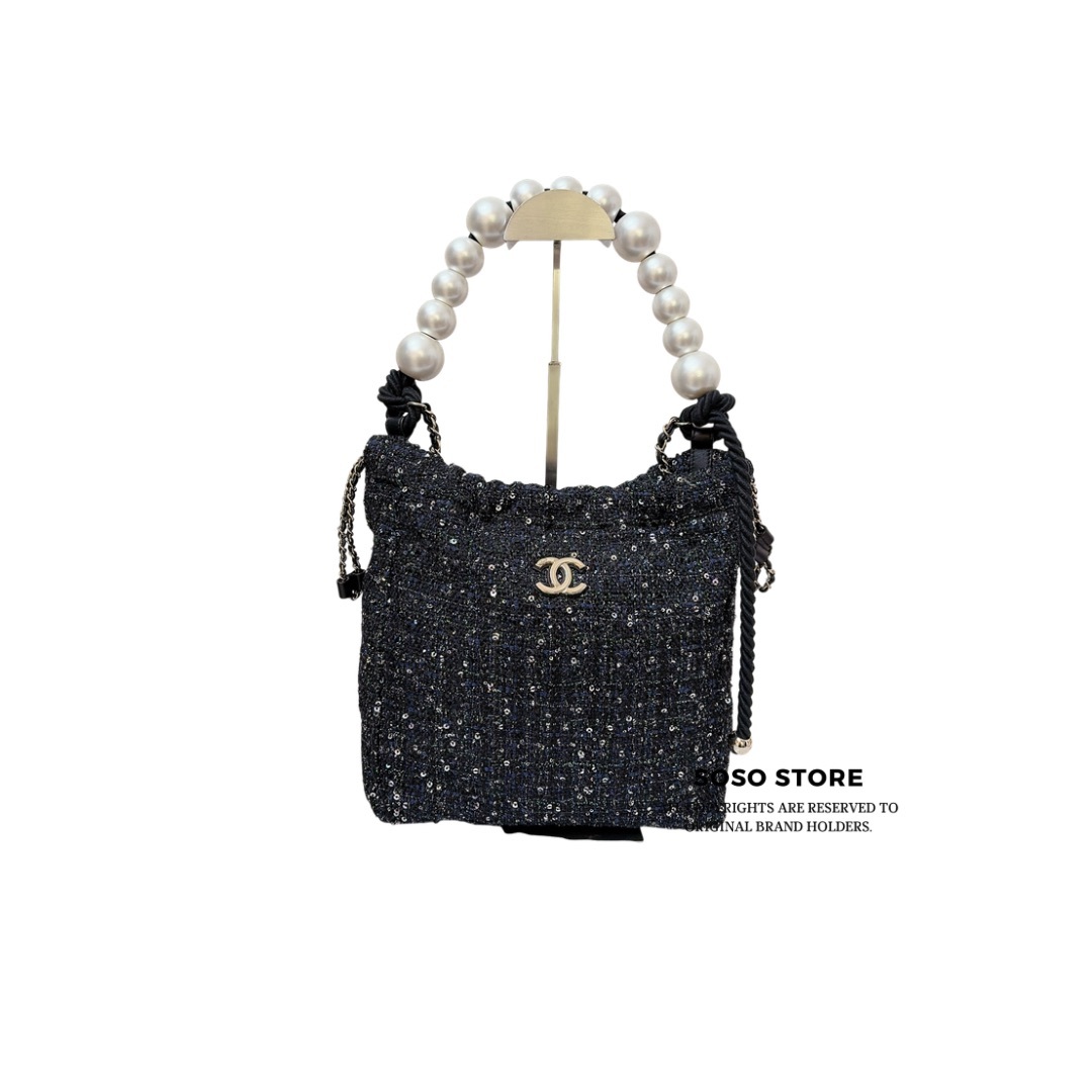 Chanel Tweed Sequin Pearl Drawstring Chain Bag - Black / GHW