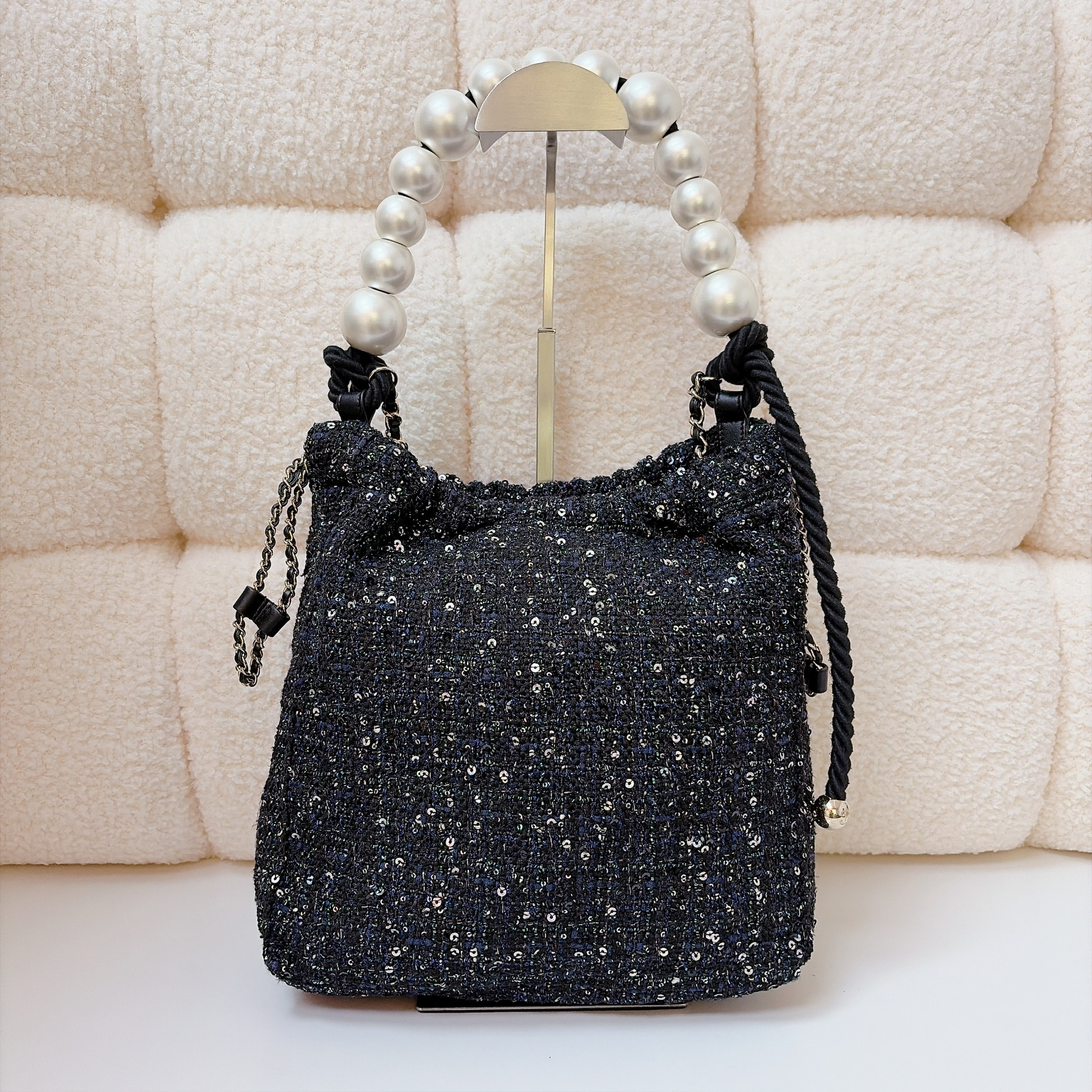 Chanel Tweed Sequin Pearl Drawstring Chain Bag - Black / GHW