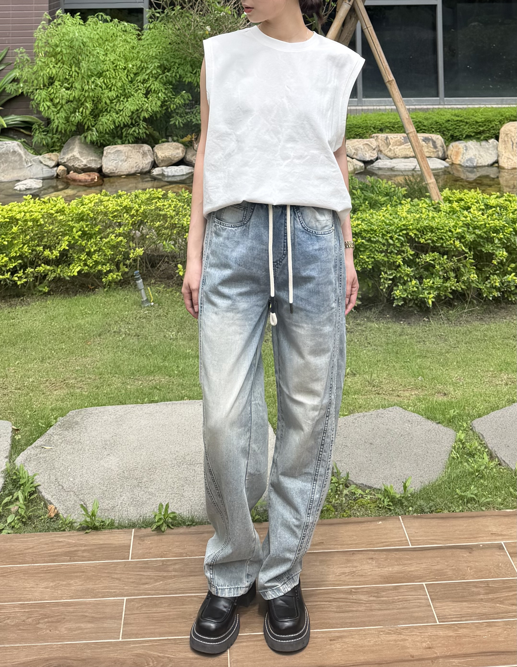 【良源集】水洗弧線牛仔長褲