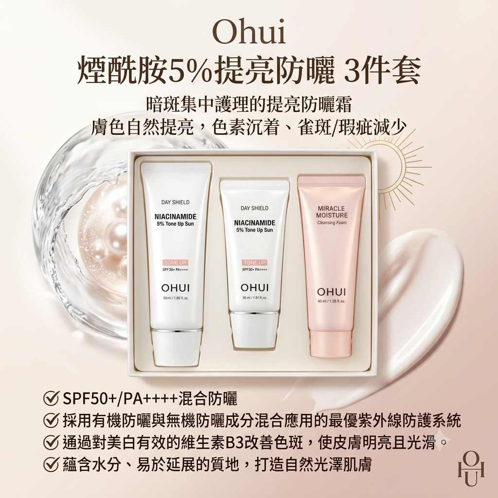 預訂6月下旬到【Ohui  煙酰胺5%提亮防曬 3件套】
