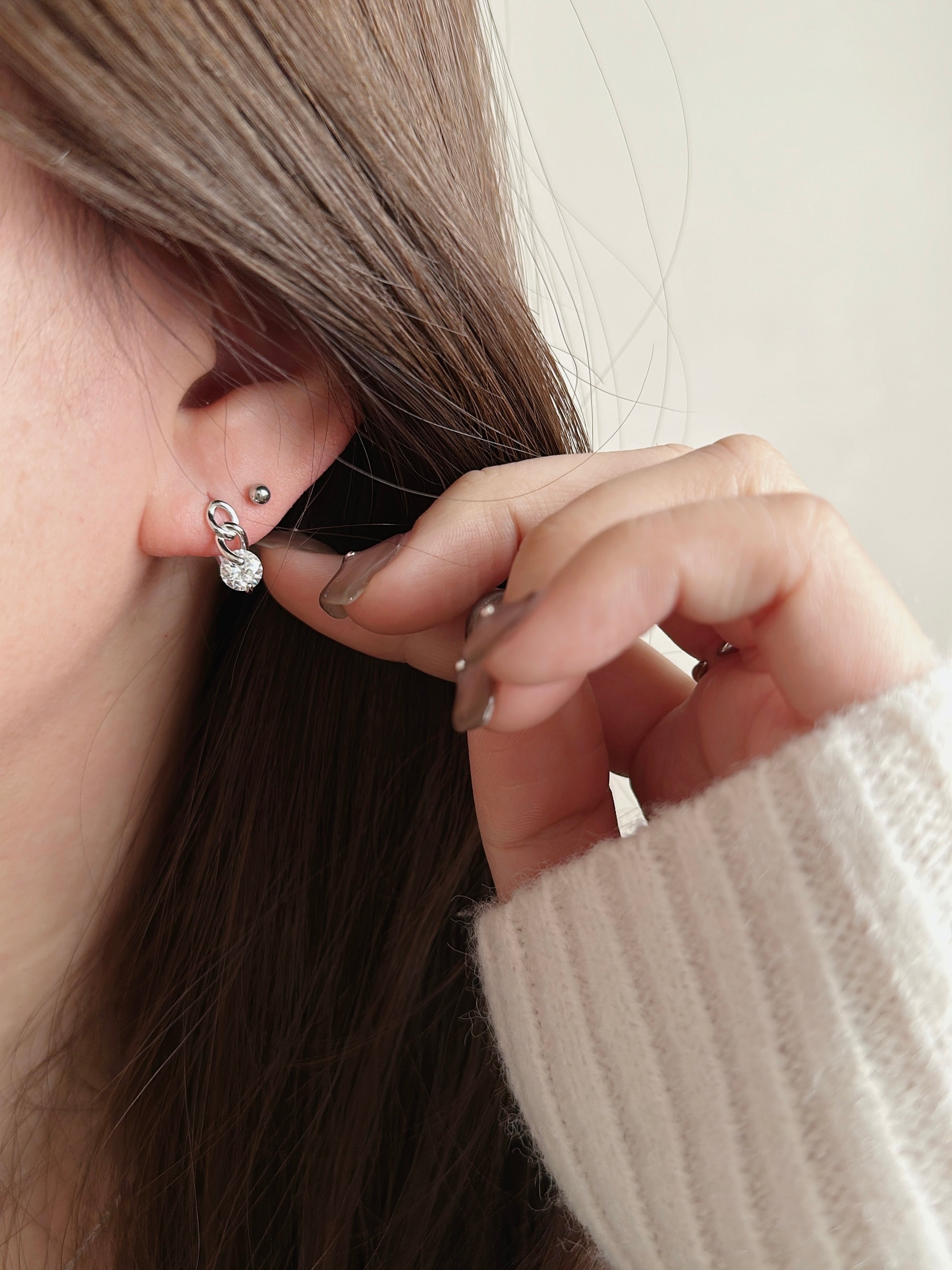 S925 stone x chain hoop pierce